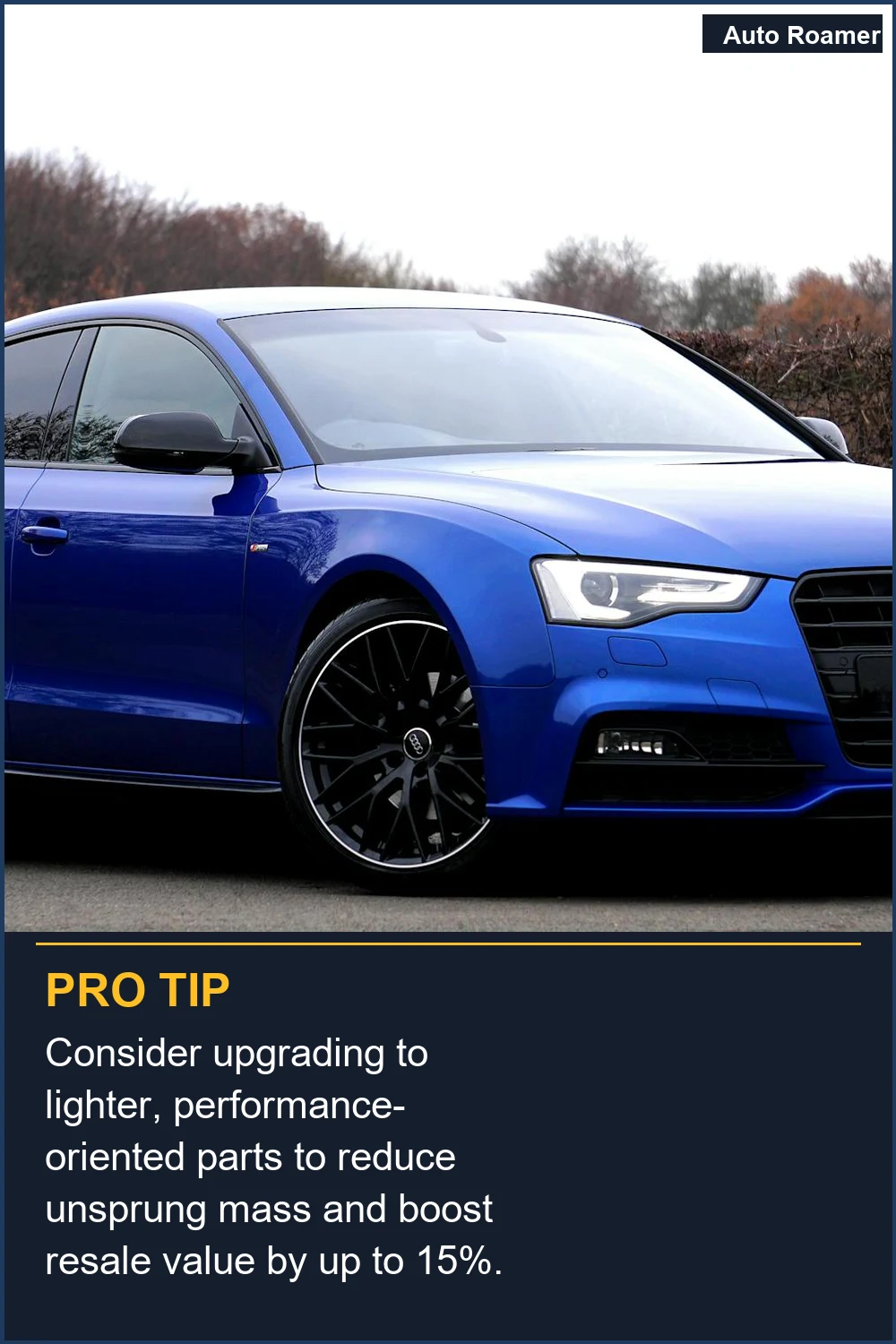 Considera la actualización a piezas más ligeras y orientadas al rendimiento para reducir la masa no suspendida y aumentar el valor de reventa hasta en un 15%.