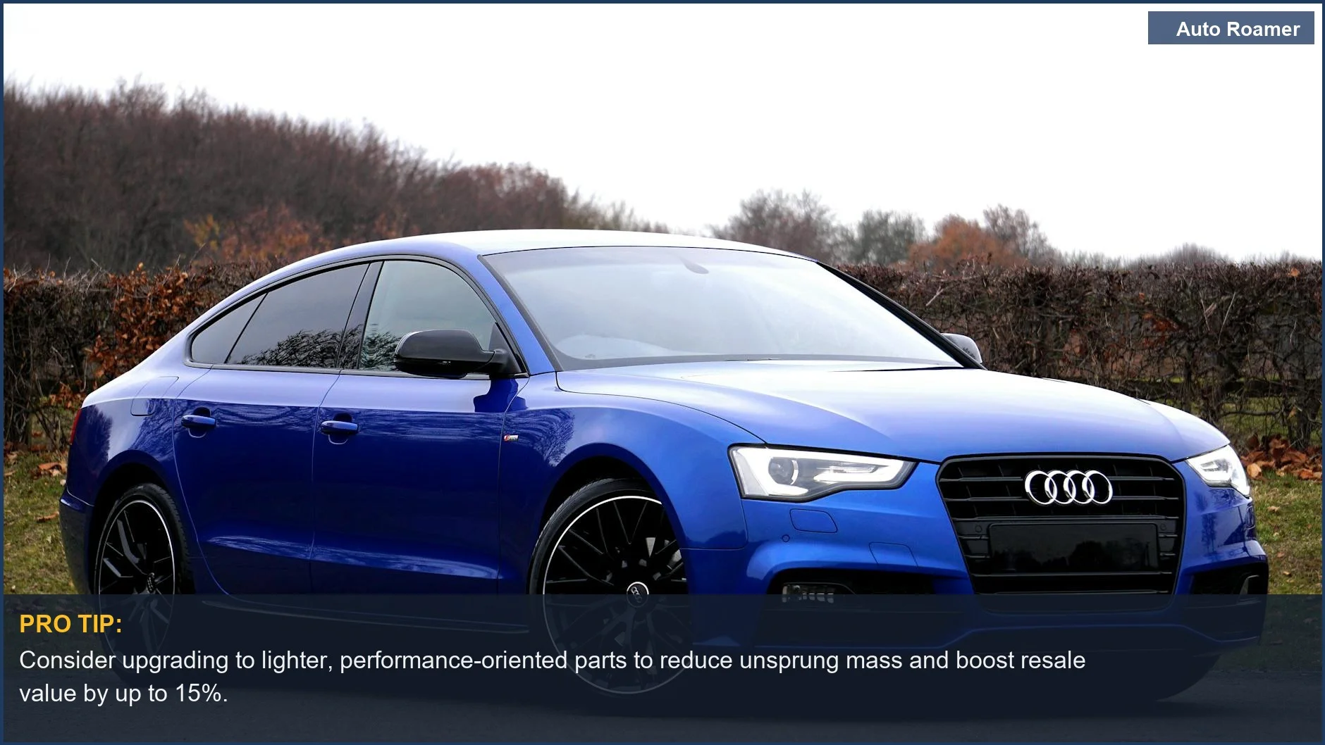 Coche azul de lujo en la naturaleza resalta el impacto financiero de las modificaciones pesadas en los costos de combustible y el valor de reventa.