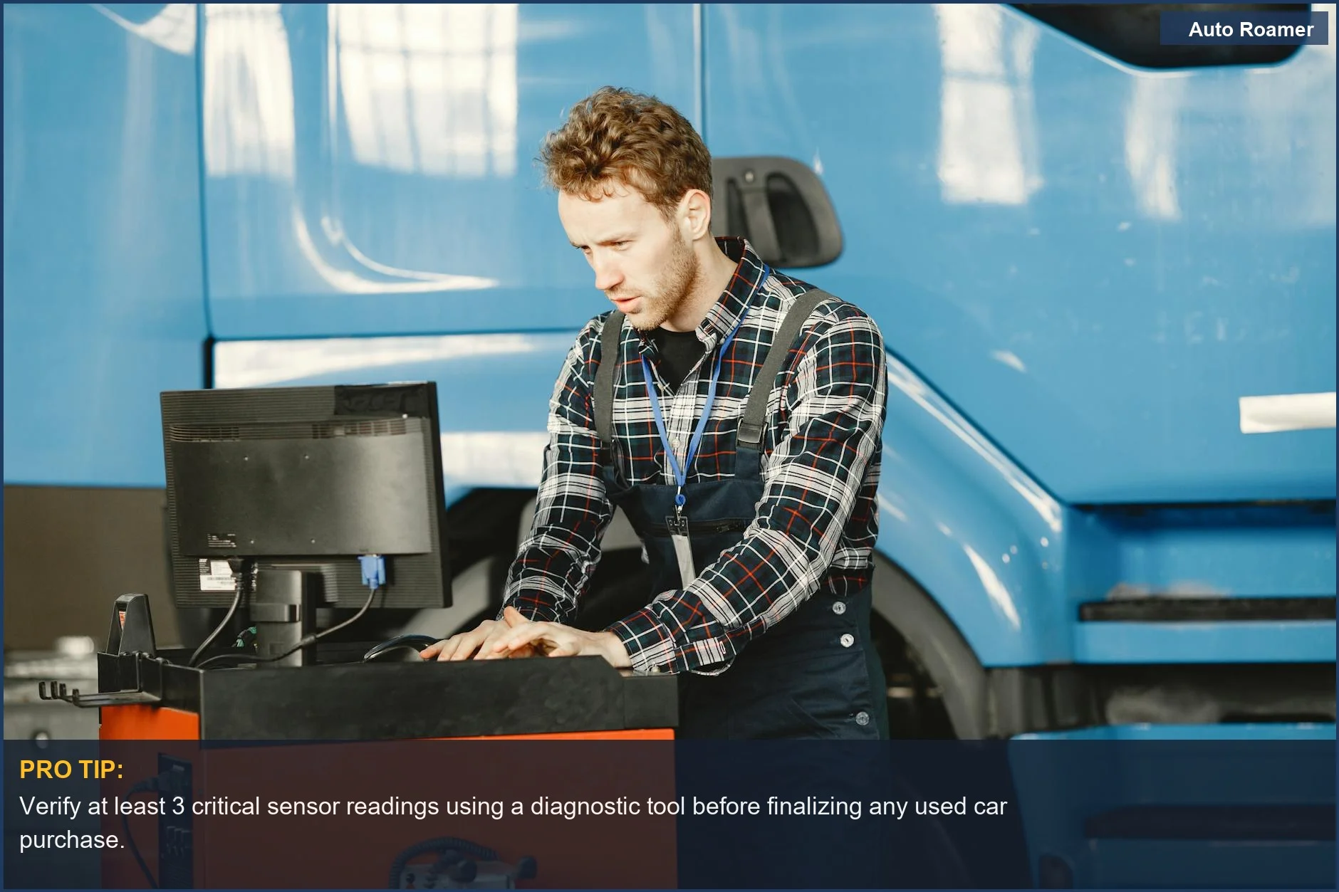 Mechanic uses advanced computer diagnostics for modern used car inspection, highlighting smart tech's impact on vehicle checks.