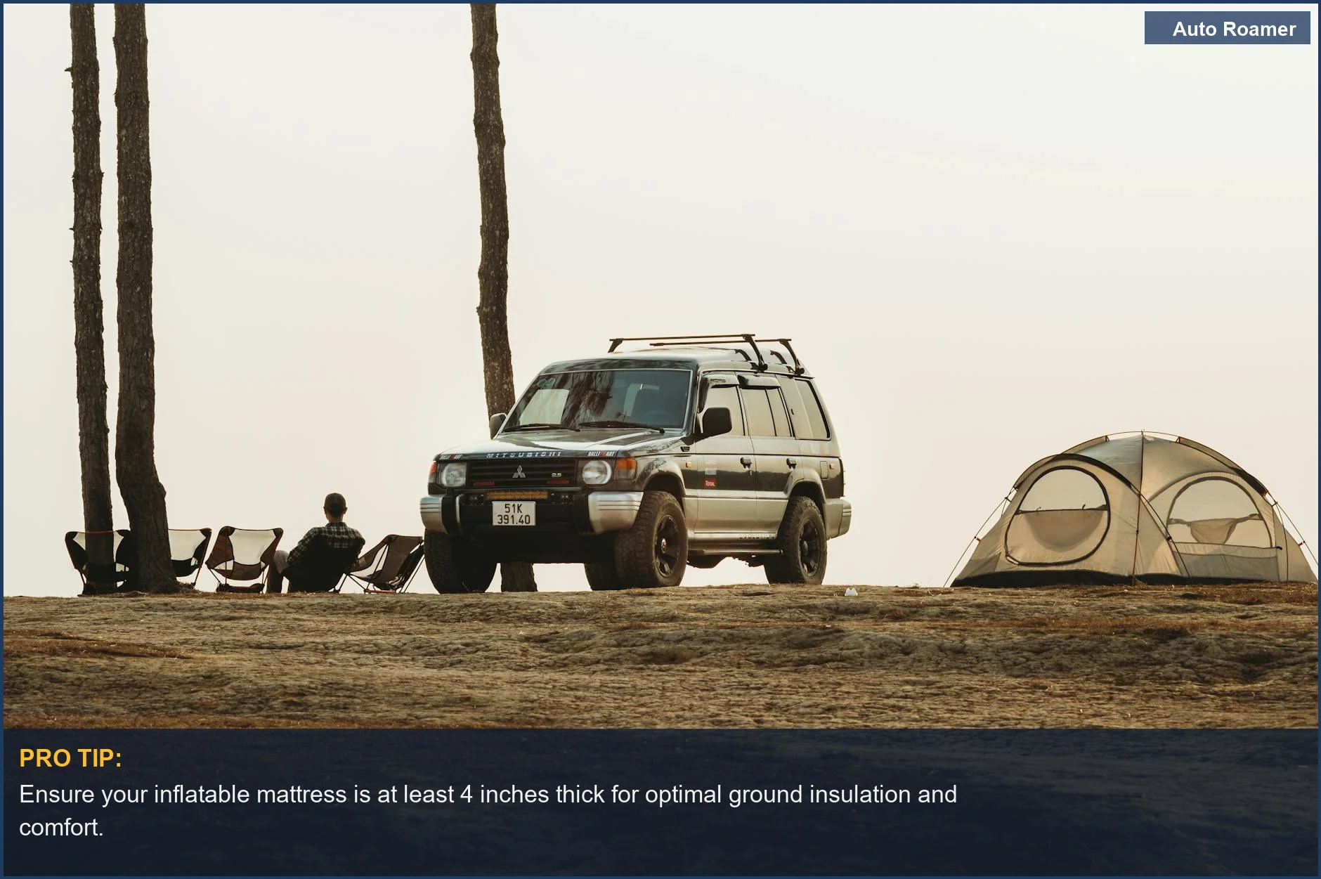 Serene car camping scene with SUV, tent, and chairs among tall trees, perfect for inflatable mattress setup.