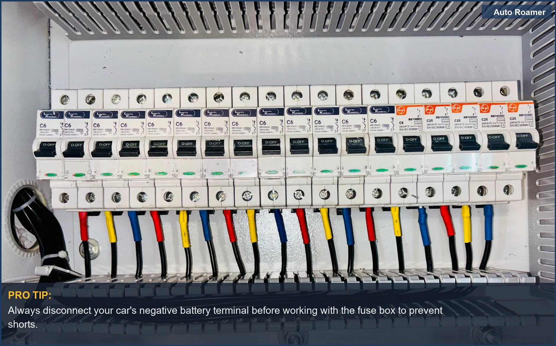 Organized car fuse box with color-coded wires for safe dashcam hardwire installation.