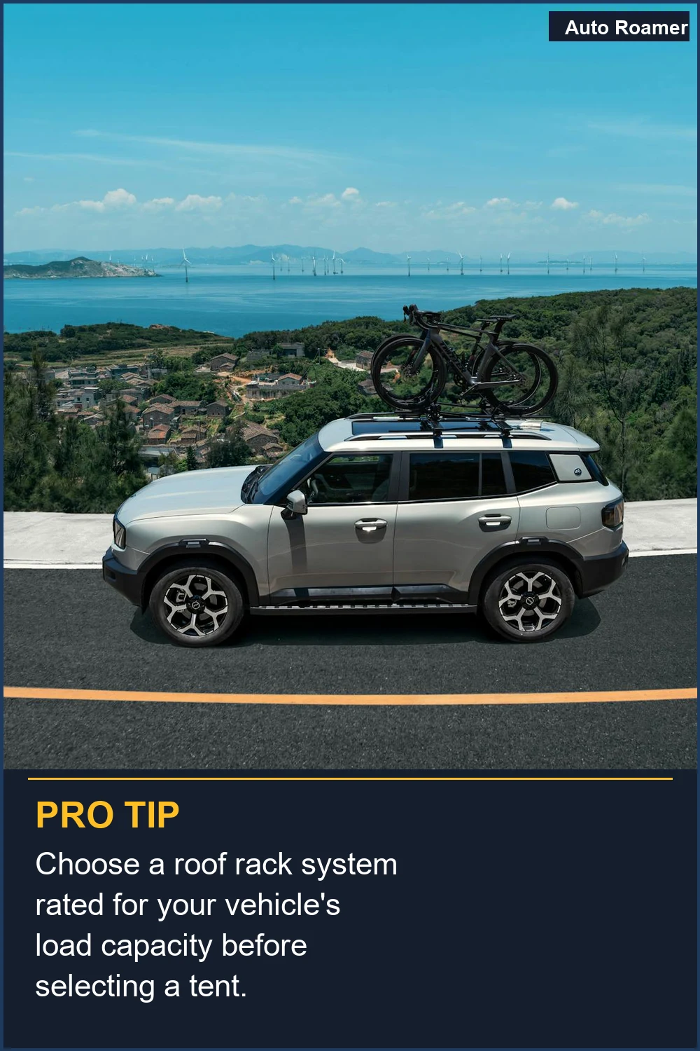 Choose a roof rack system rated for your vehicle's load capacity before selecting a tent.