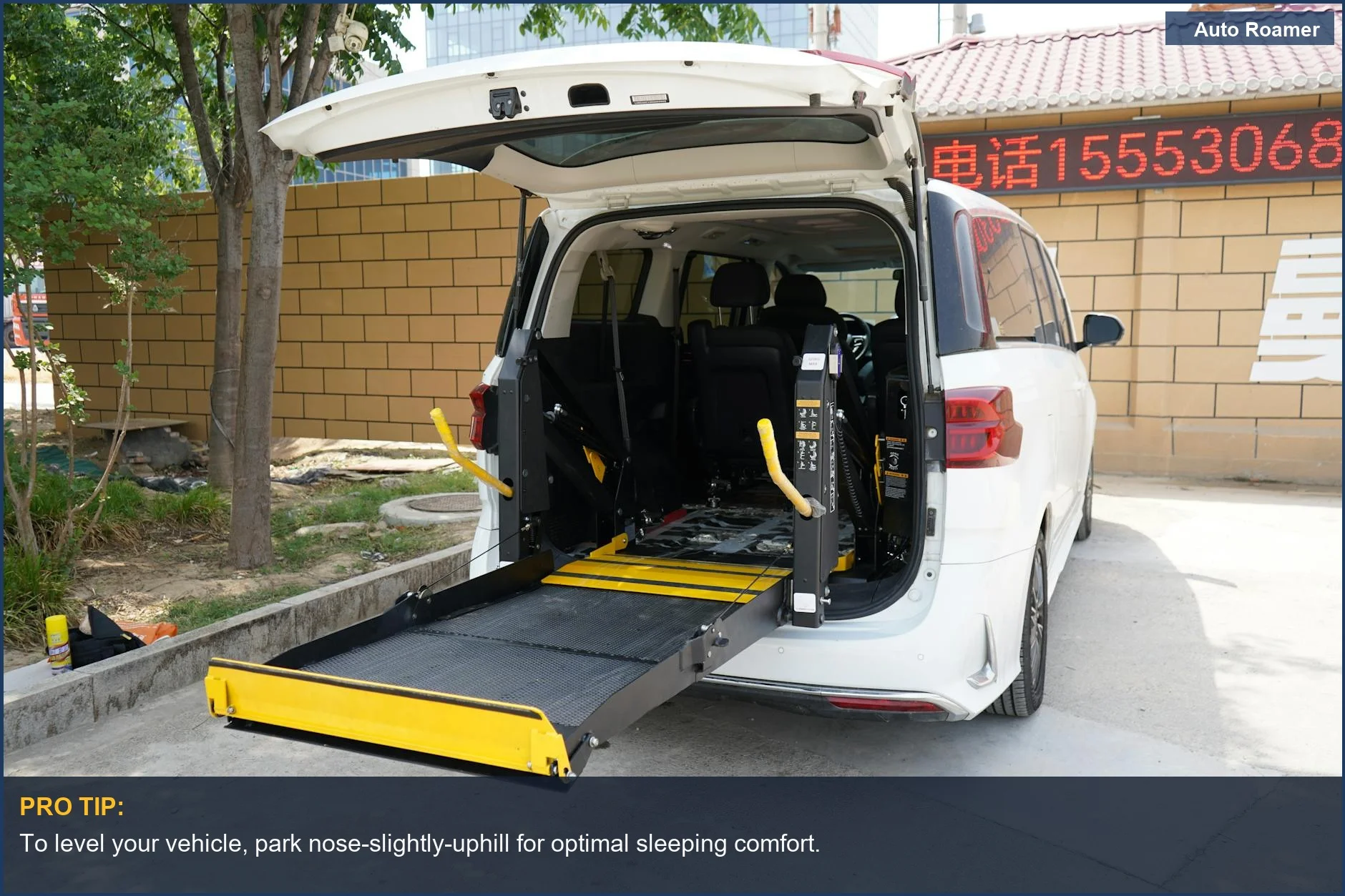 Minivan with wheelchair lift parked outdoors, highlighting car camping accessibility and setup.