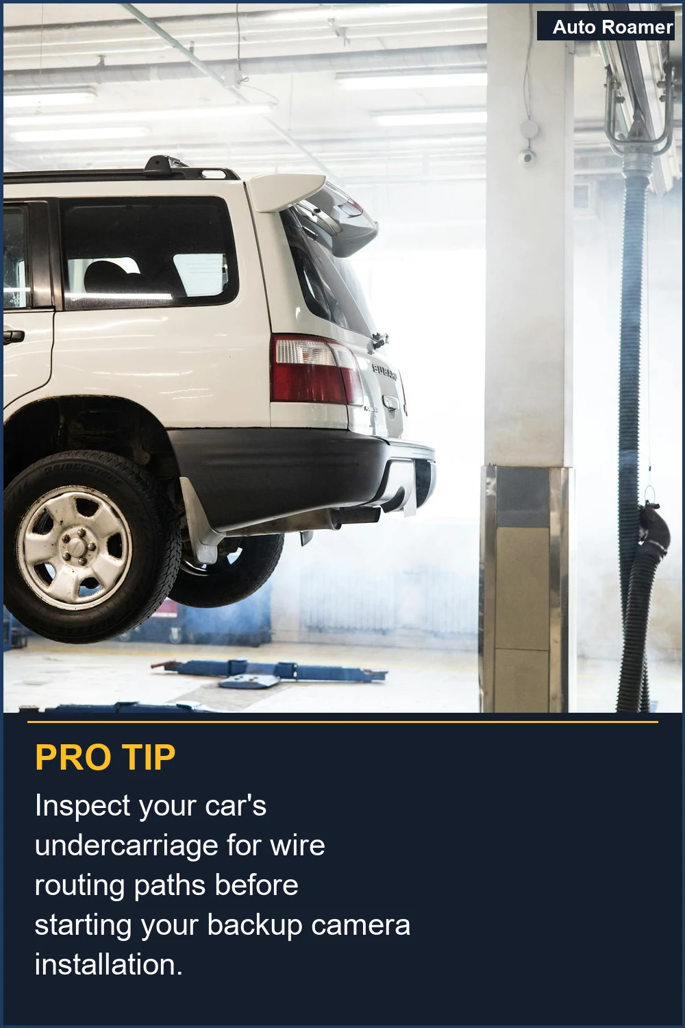 Inspect your car's undercarriage for wire routing paths before starting your backup camera installation.