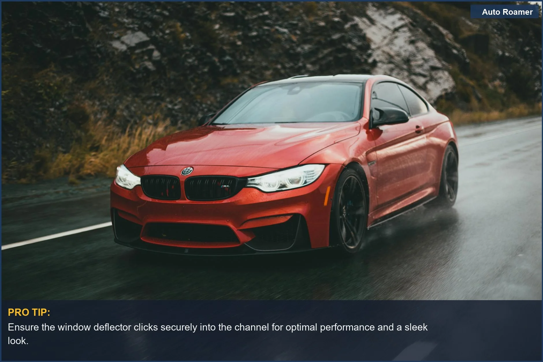 Window deflector installation on a dynamic red BMW sports car driving through rain.