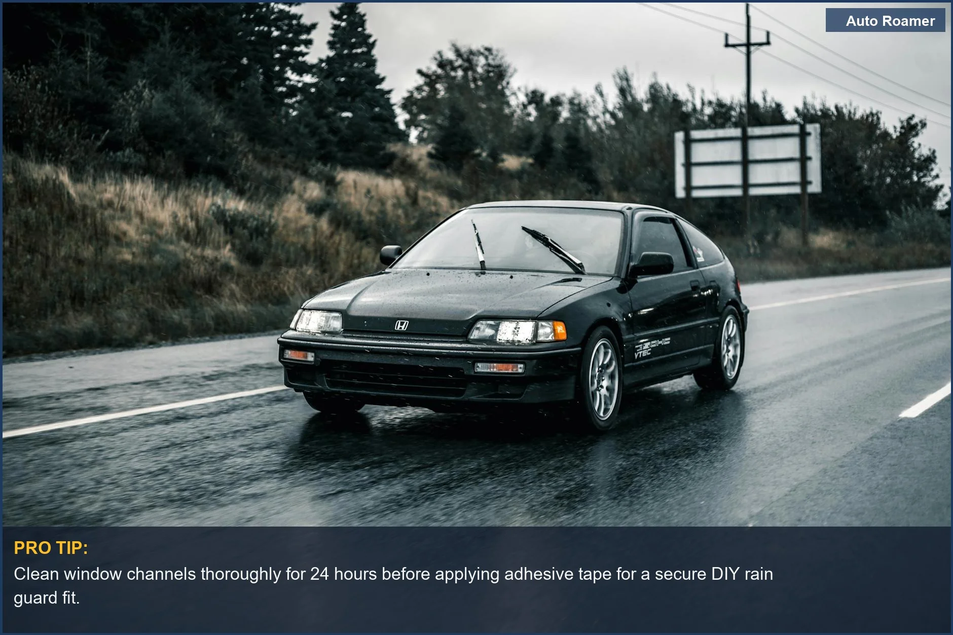 DIY rain guards installation on a black Honda Civic during a rainy drive, easy car mods.
