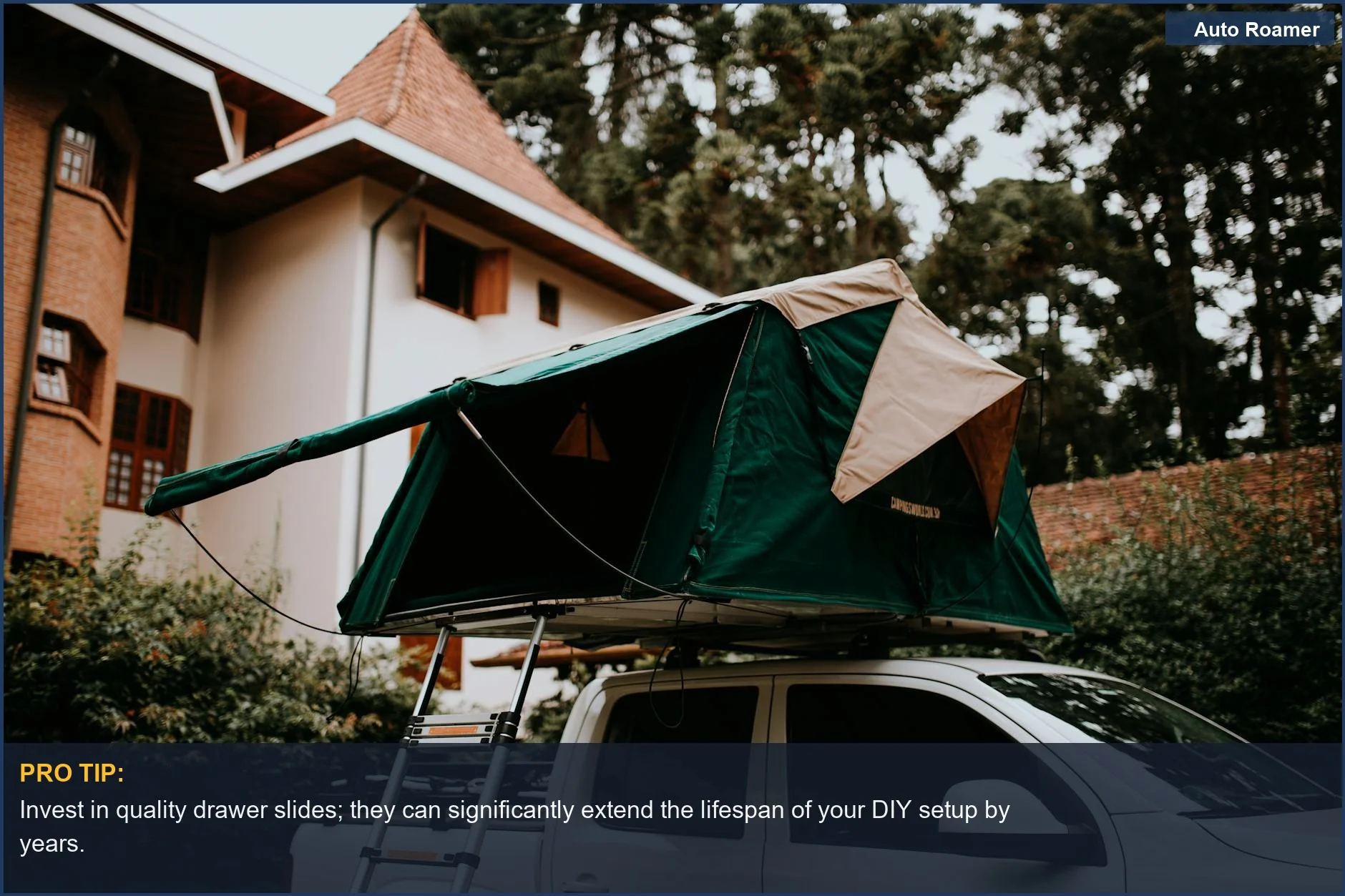 Adventure setup with rooftop tent on a pickup truck near a house, perfect for car camping setup.