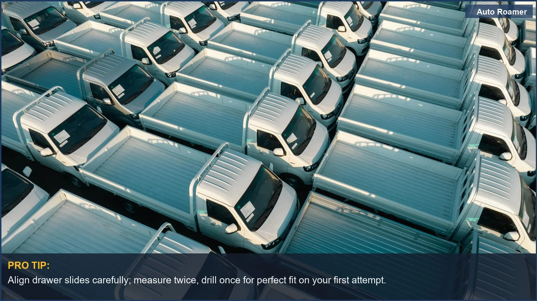 Symmetrical aerial view of white pickup trucks in a row, highlighting industrial style for truck bed drawers installation.