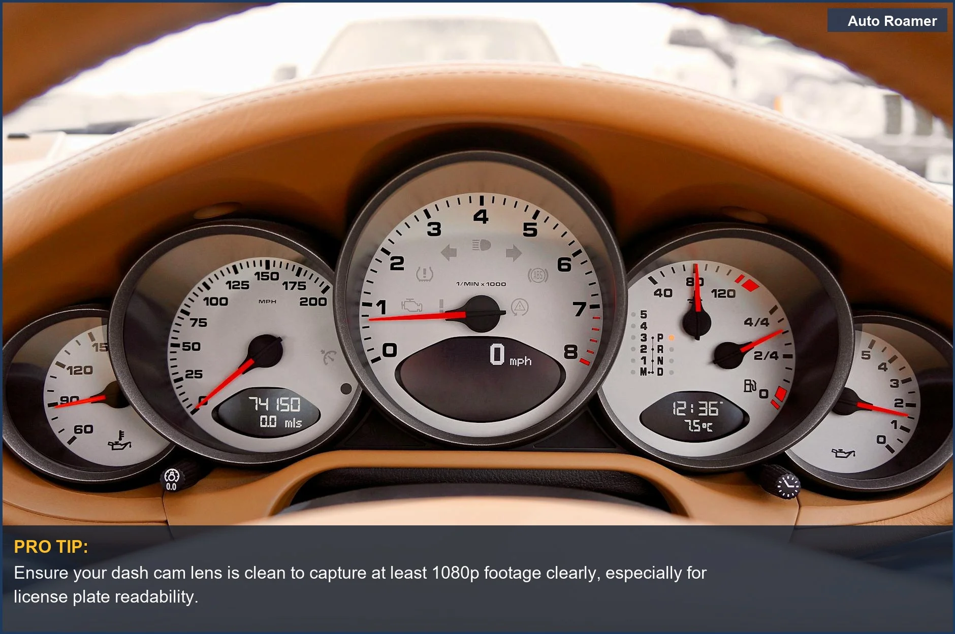 Car dashboard with speedometer and odometer, illustrating 1080p dash cam clarity for everyday driving needs.
