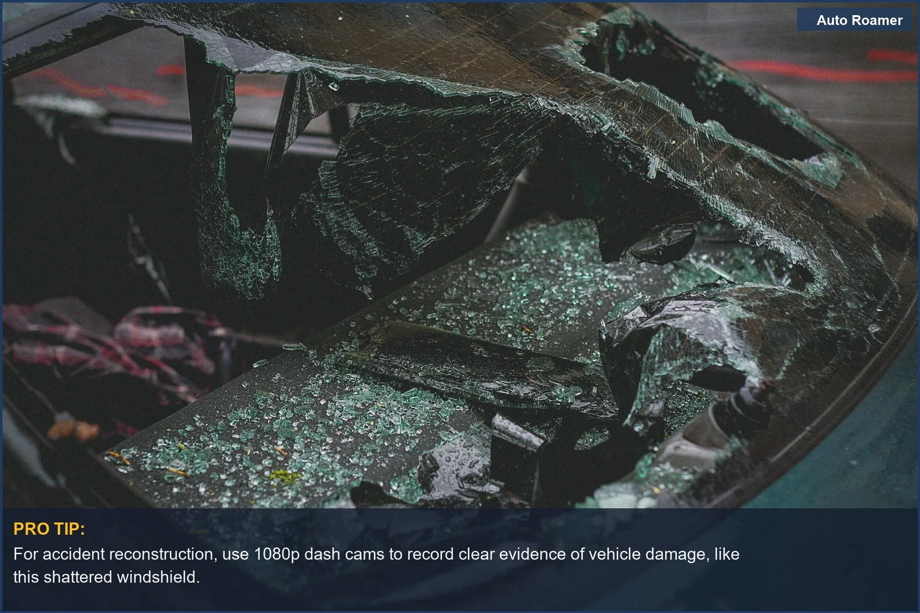 Shattered car windshield after an accident, demonstrating 1080p dash cam's ability to capture crucial accident details.