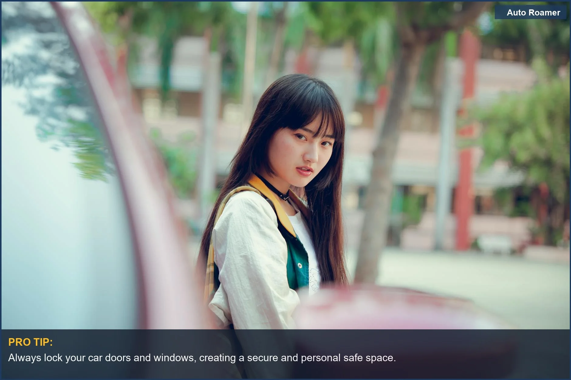 Young woman in casual wear by parked car, feeling secure for solo car camping safety.