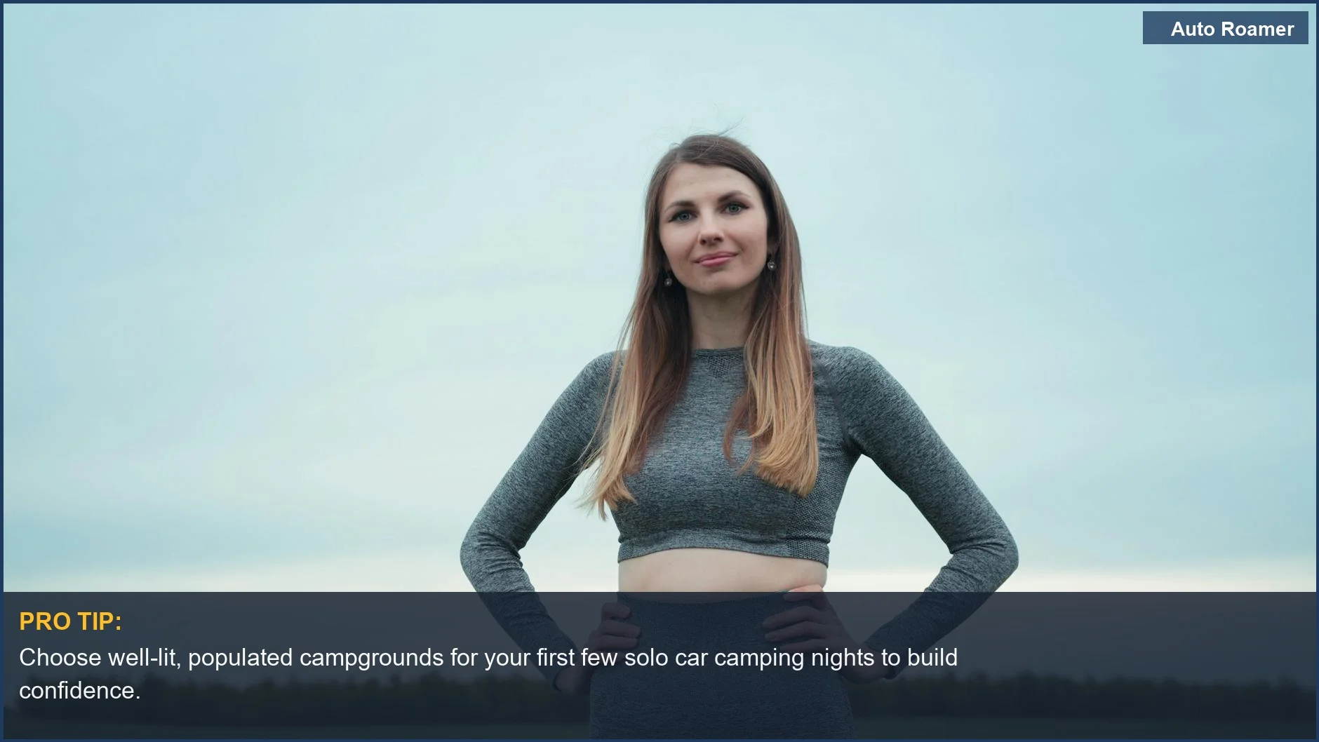 Confident solo woman in sporty attire enjoying freedom outdoors, relevant to car camping safety for solo women.