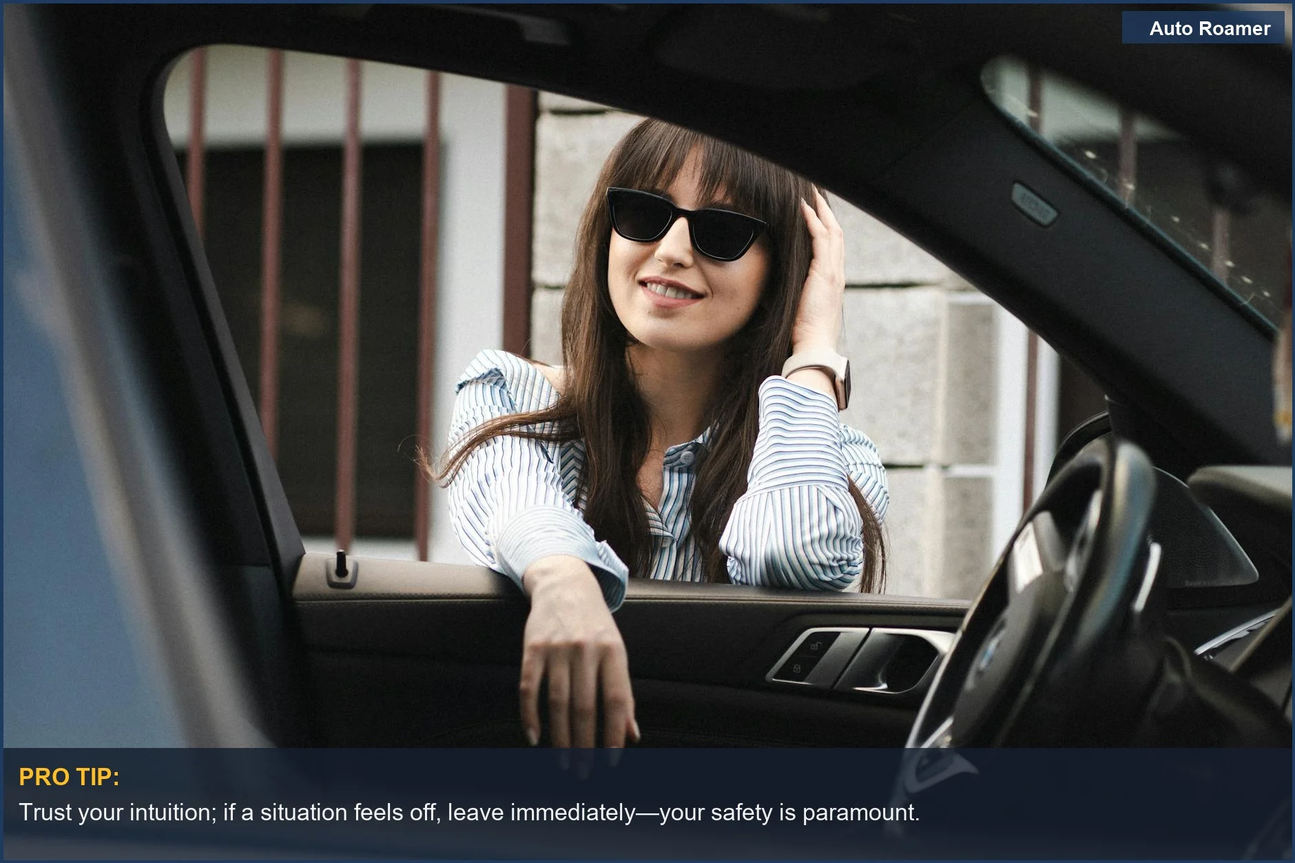 Stylish woman leaning out car window, embodying confidence in solo car camping experiences.