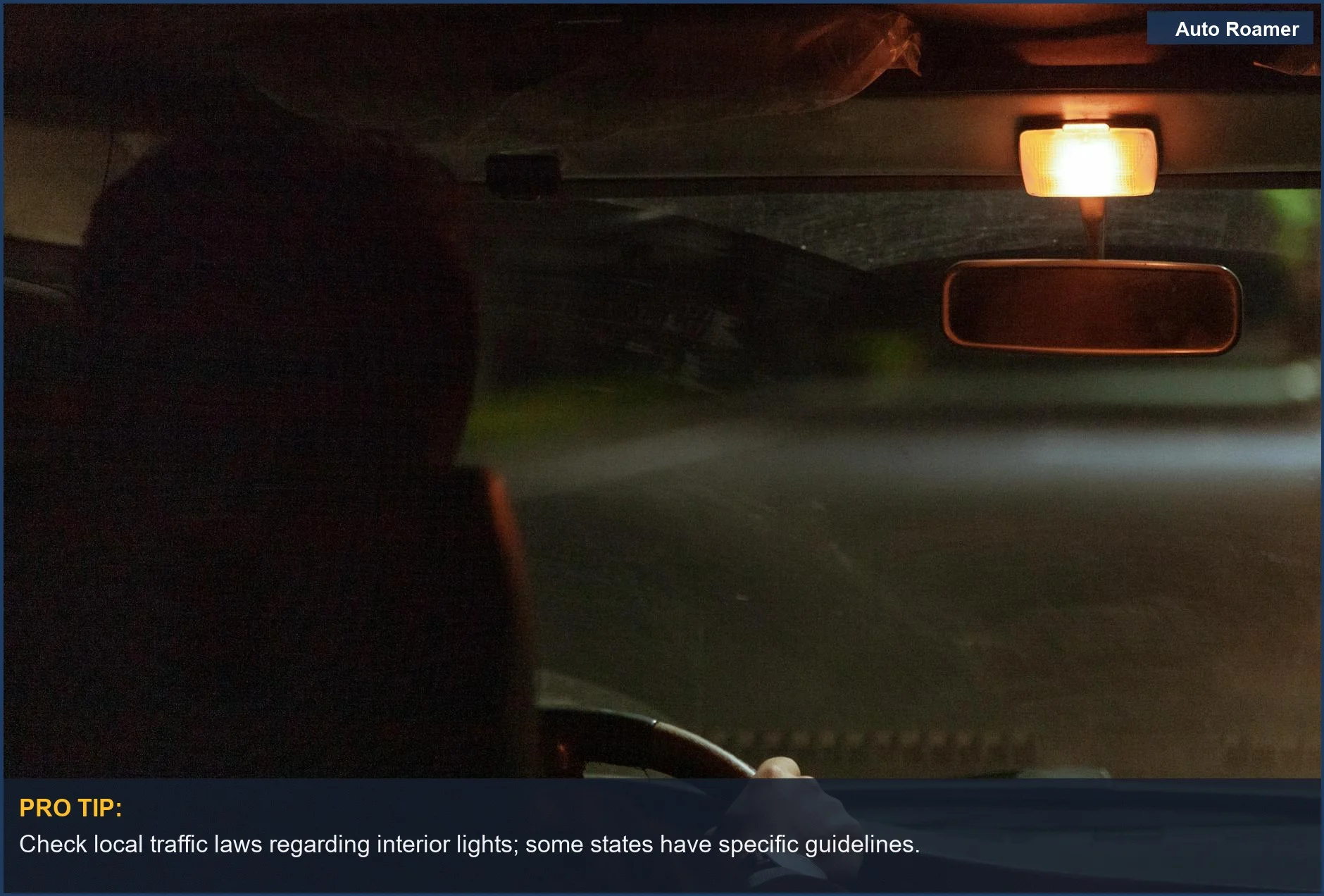 Dome light glowing in a vehicle during nighttime driving, raising questions about legality of interior lights on the road.