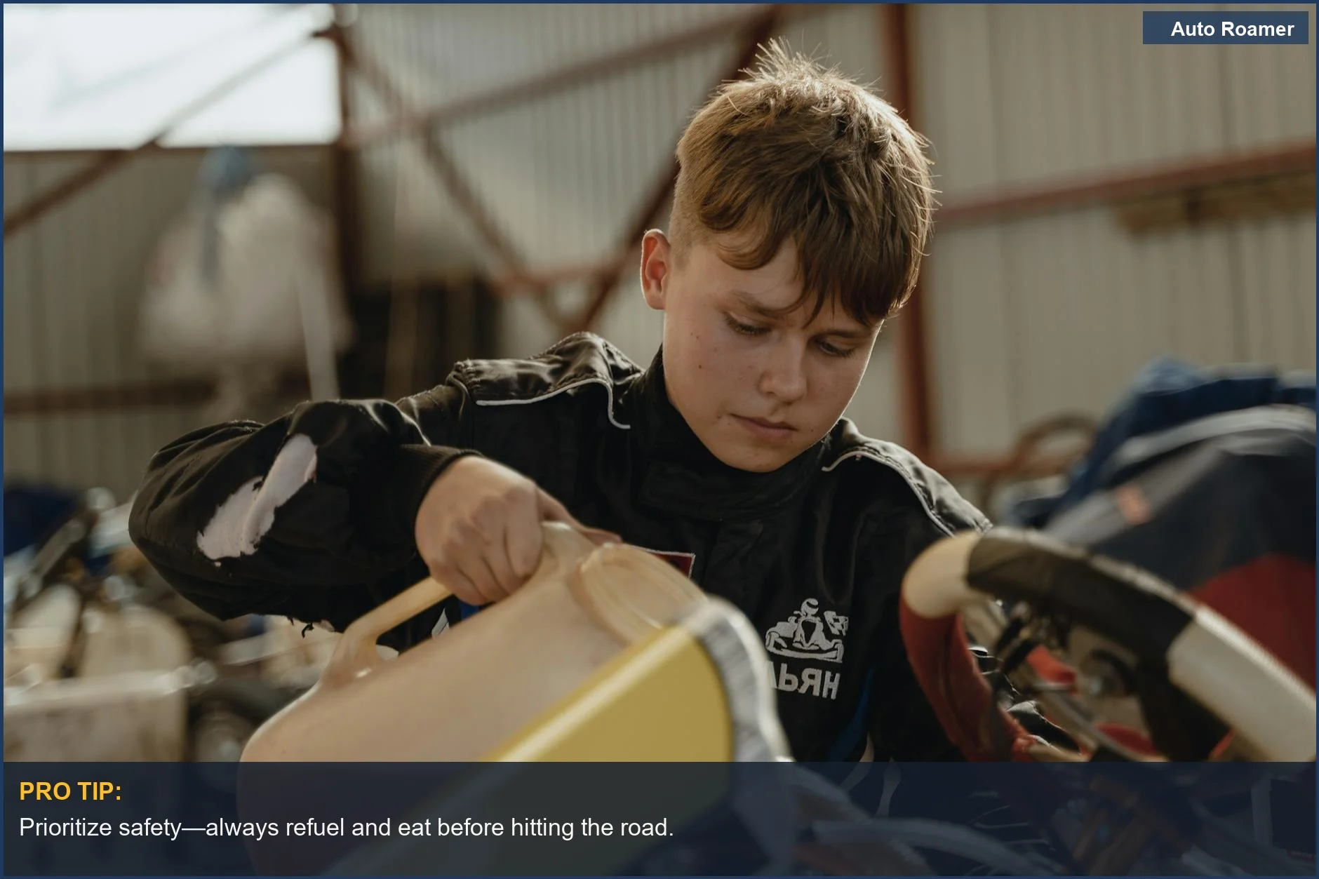Young boy preparing a racing kart indoors, illustrating focus and preparation.