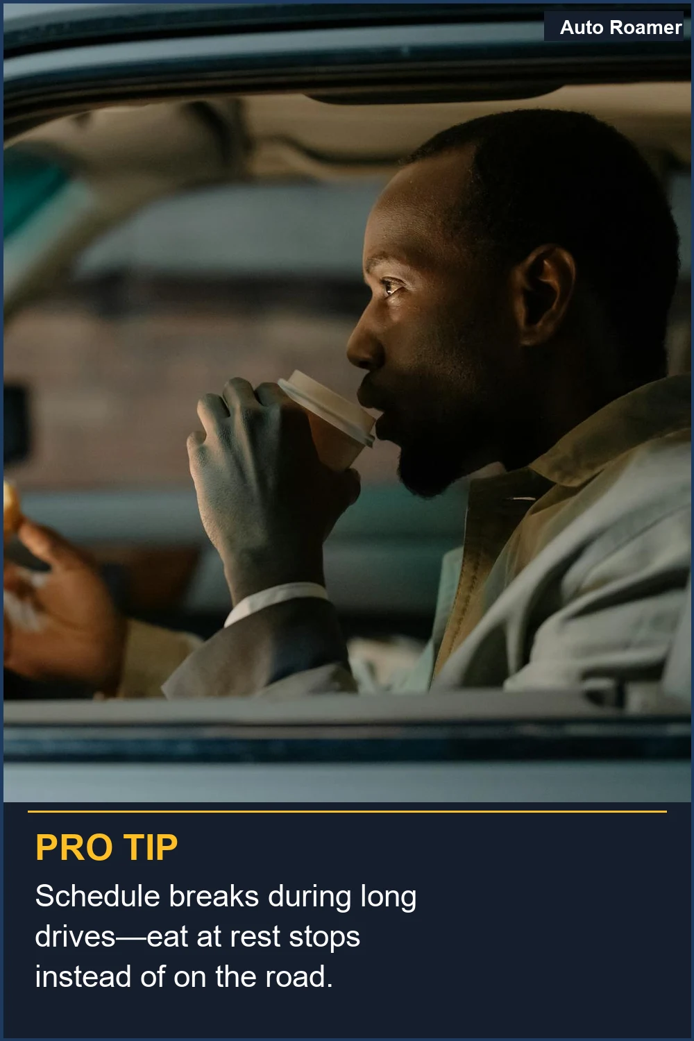 Schedule breaks during long drives--eat at rest stops instead of on the road.