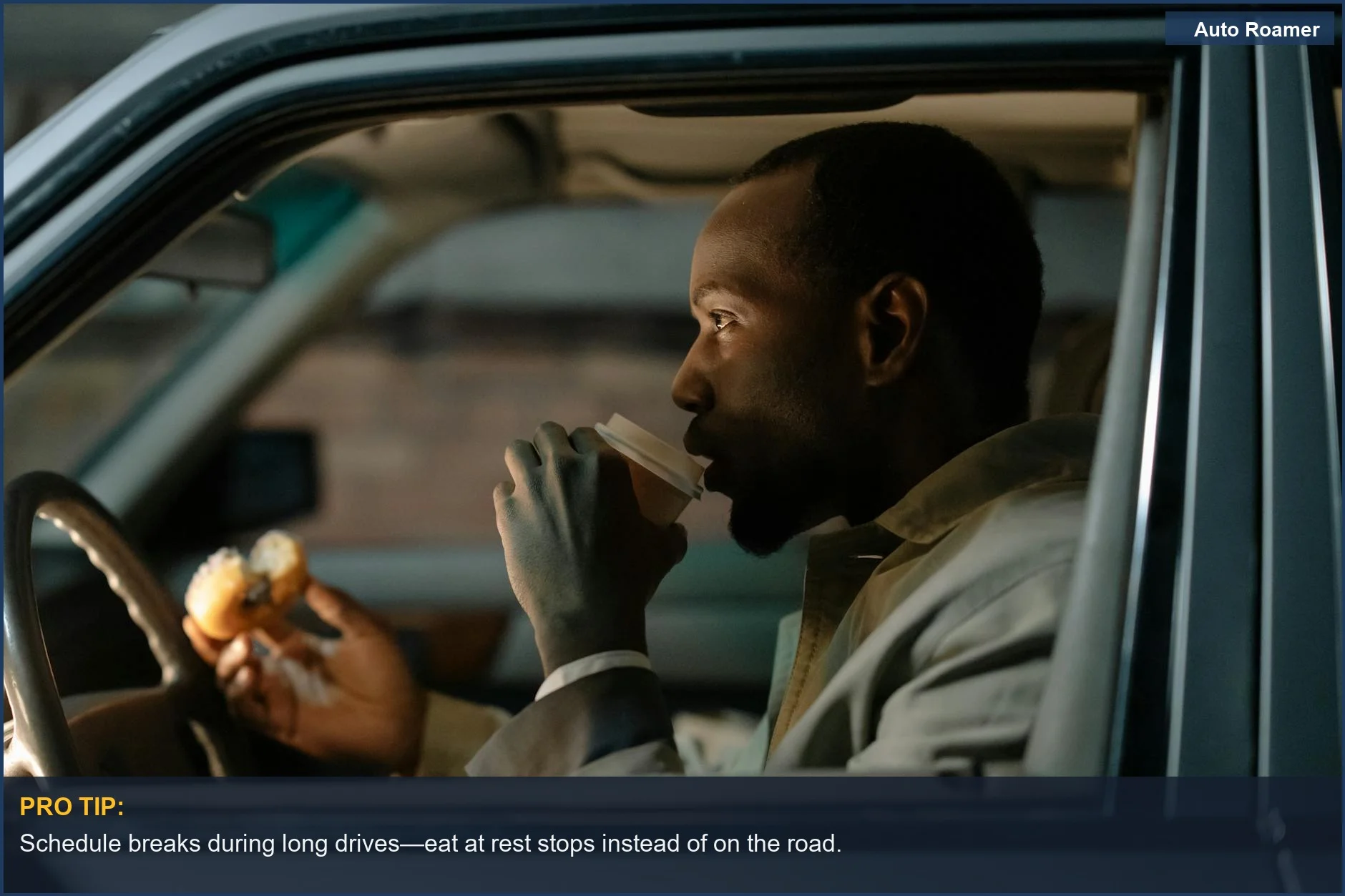 Man sipping coffee and holding a donut in a car, reflecting on distracted driving laws.