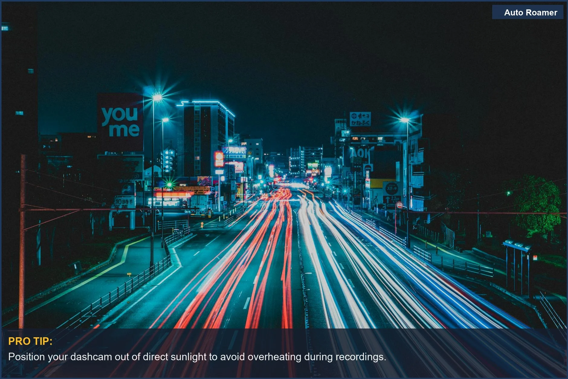 City road at night with colorful light trails; dashcam placement regulations vary.