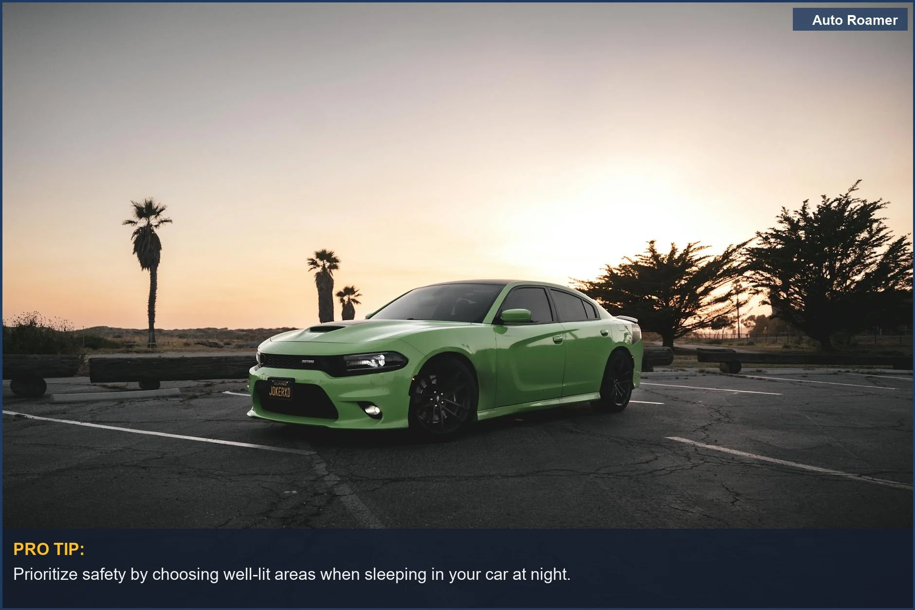 Green car parked in a serene empty lot at sunset, highlighting safety concerns.