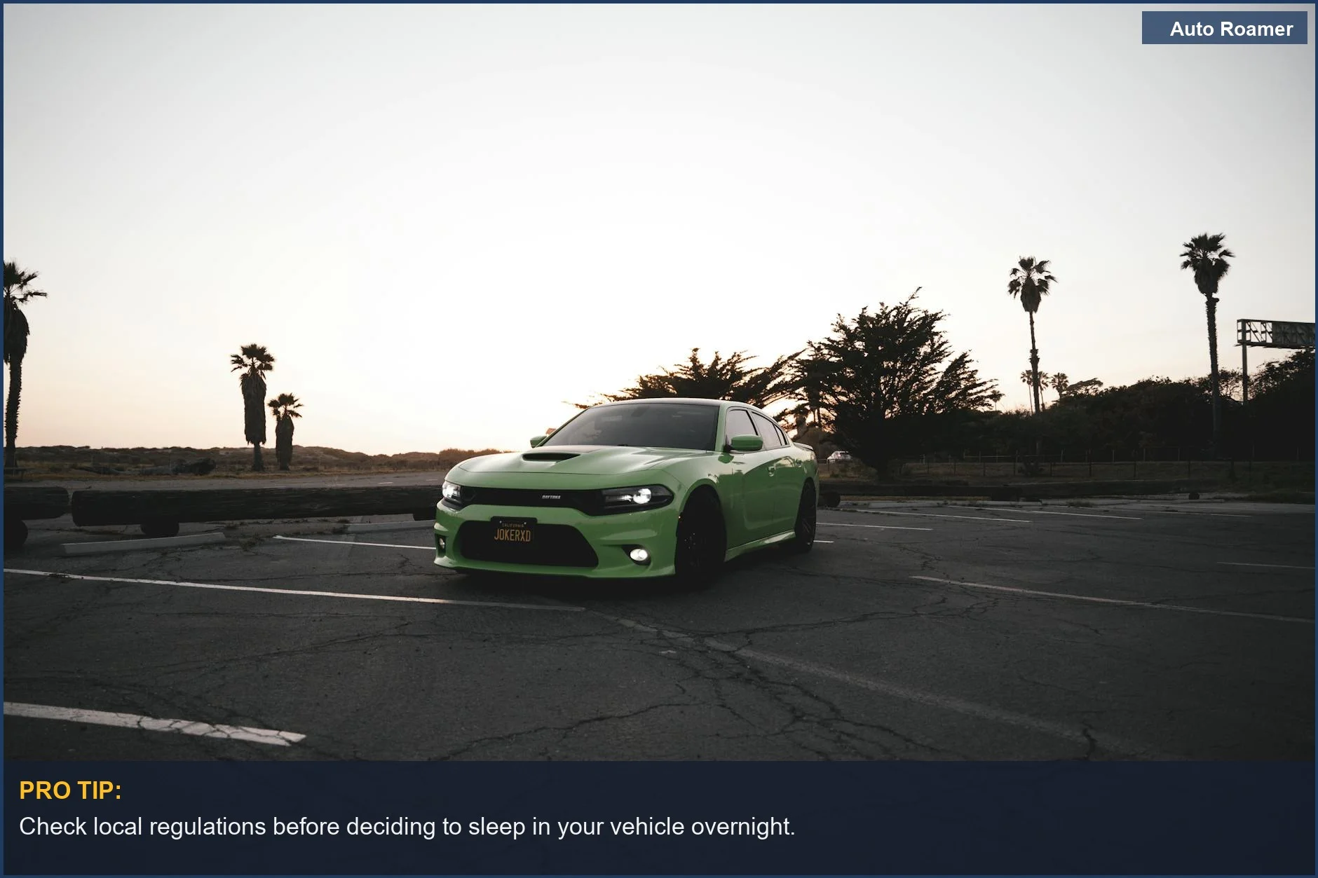 Sleek green car parked at Walmart during sunset, exploring legality of sleeping in vehicles.