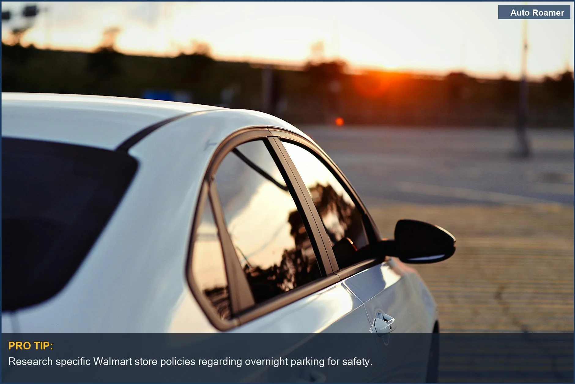White car parked during vibrant sunset at Walmart, questioning sleeping legality.