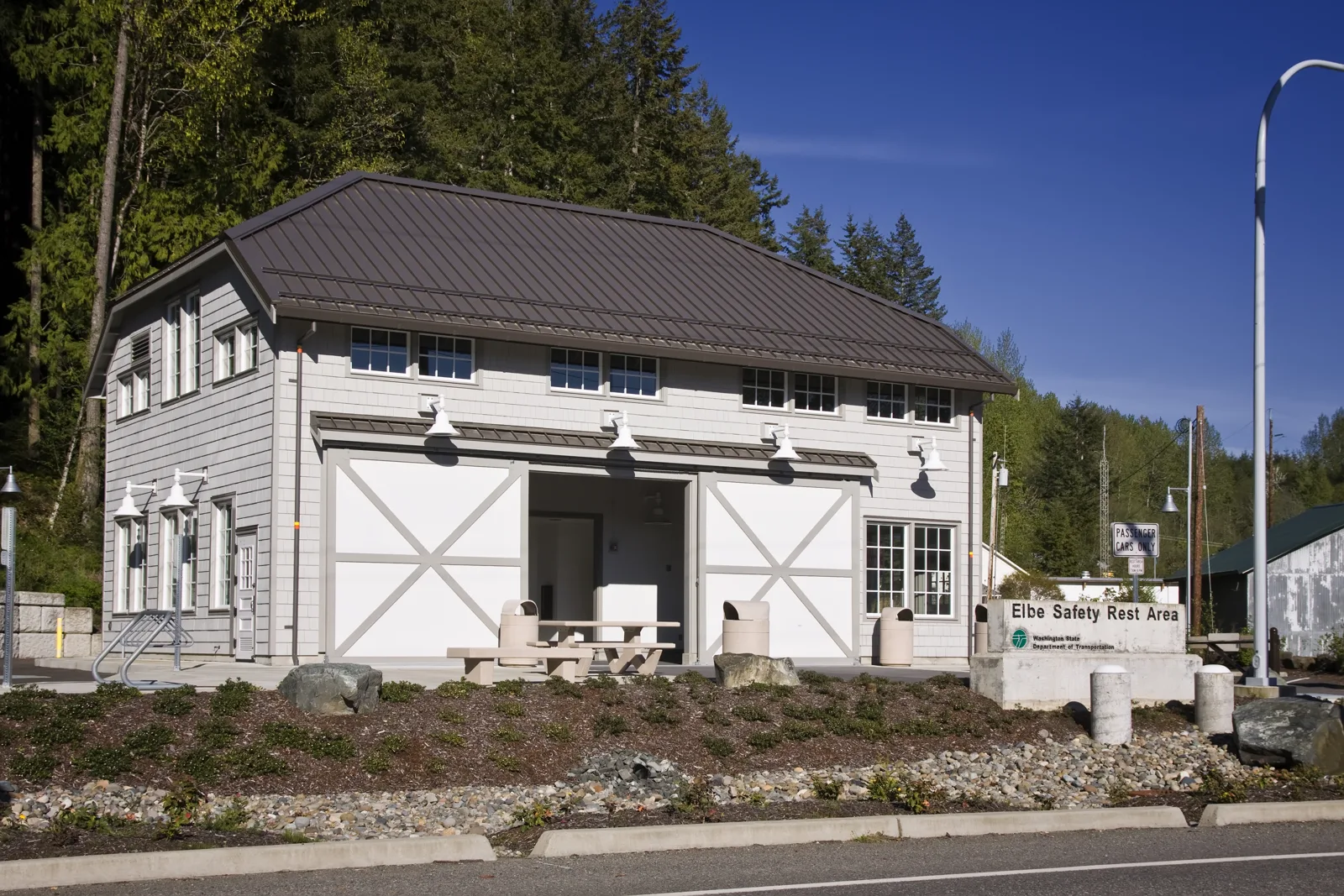 The Elbe Safety Rest Area building run by Washington State, the kind of rest stop this guide covers for sleeping in your car in Washington