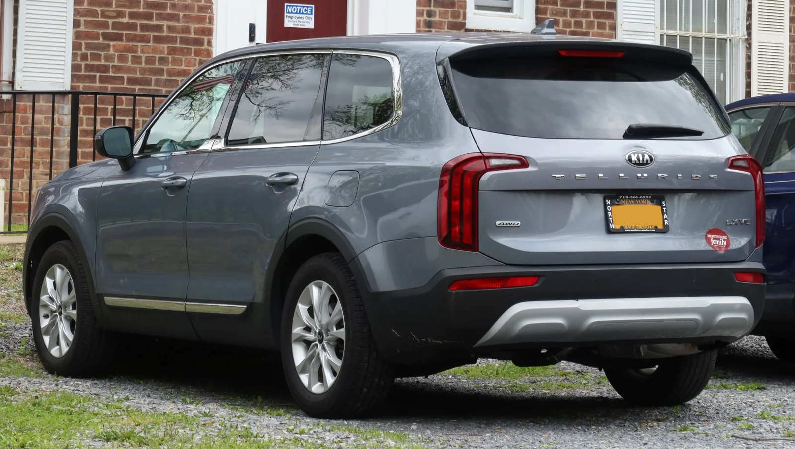 Gray Kia Telluride, first-generation pre-facelift, rear three-quarter view showing the tailgate and vertical tail lights.