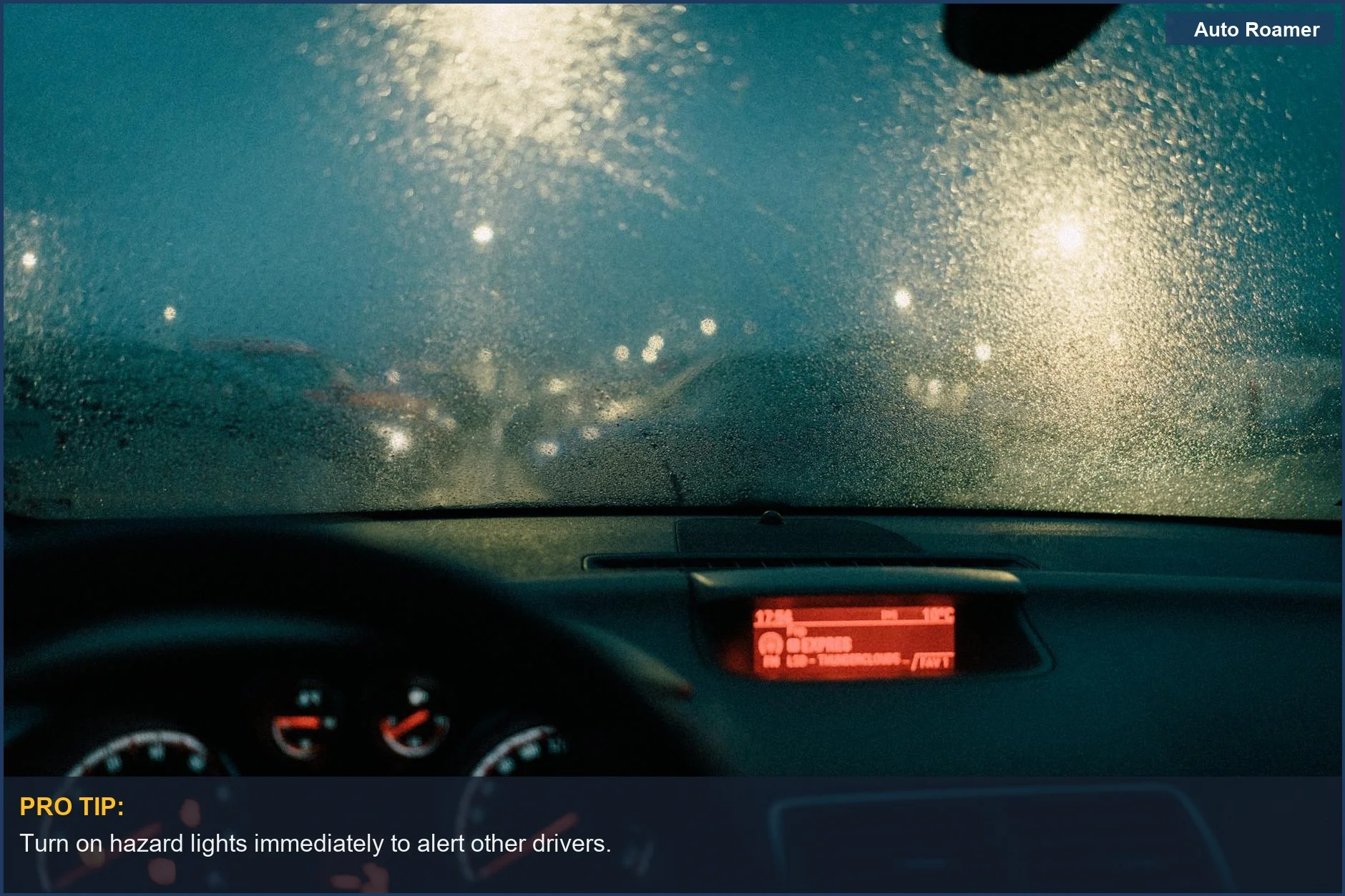 Interior view of car with raindrops on windshield, highlighting safety concerns for sleeping with engine on.