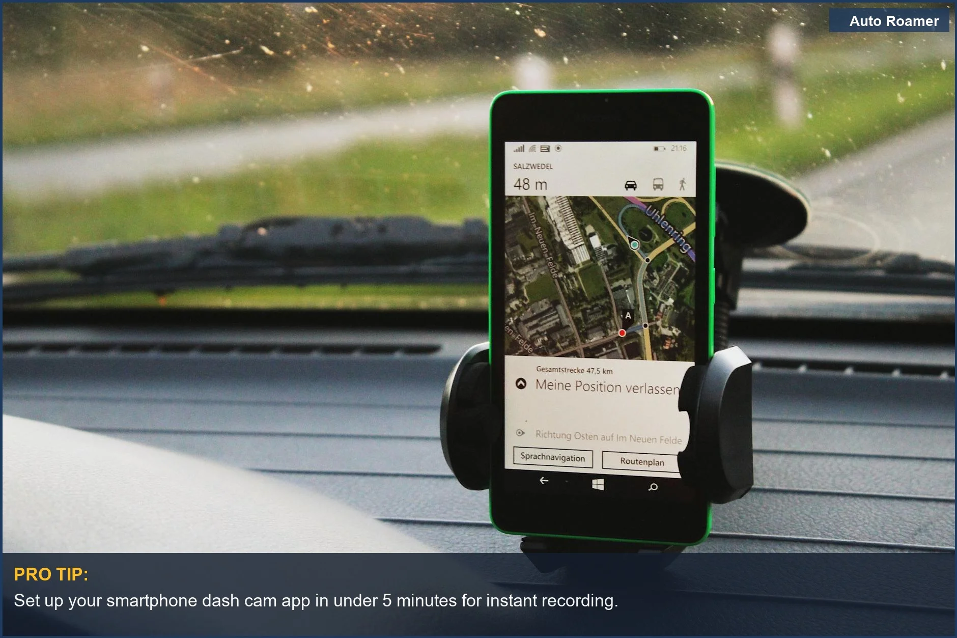 Car dashboard with phone showing GPS navigation, demonstrating smartphone dash cam app capabilities.