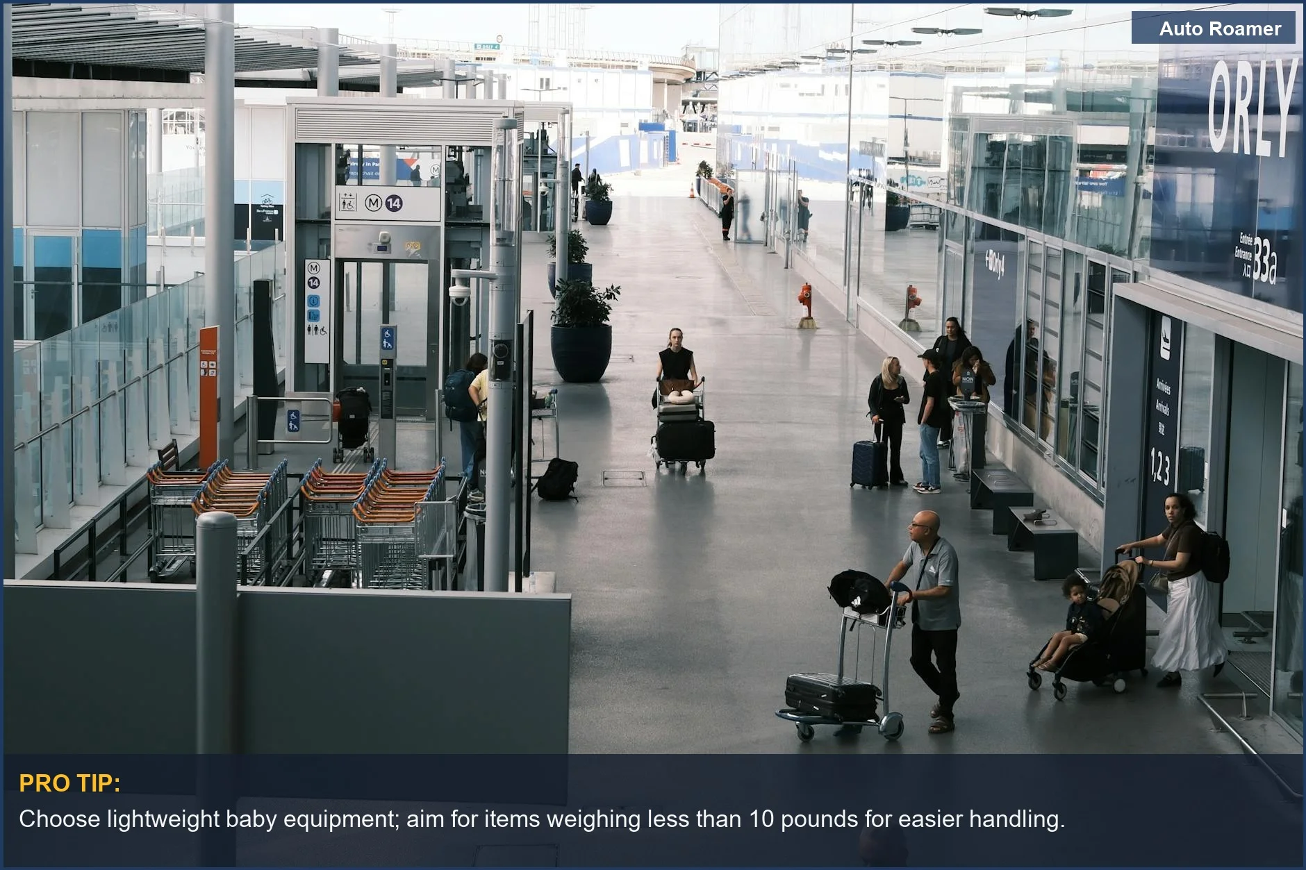 A busy airport terminal corridor with people and luggage, highlighting the need for smart baby equipment investment.