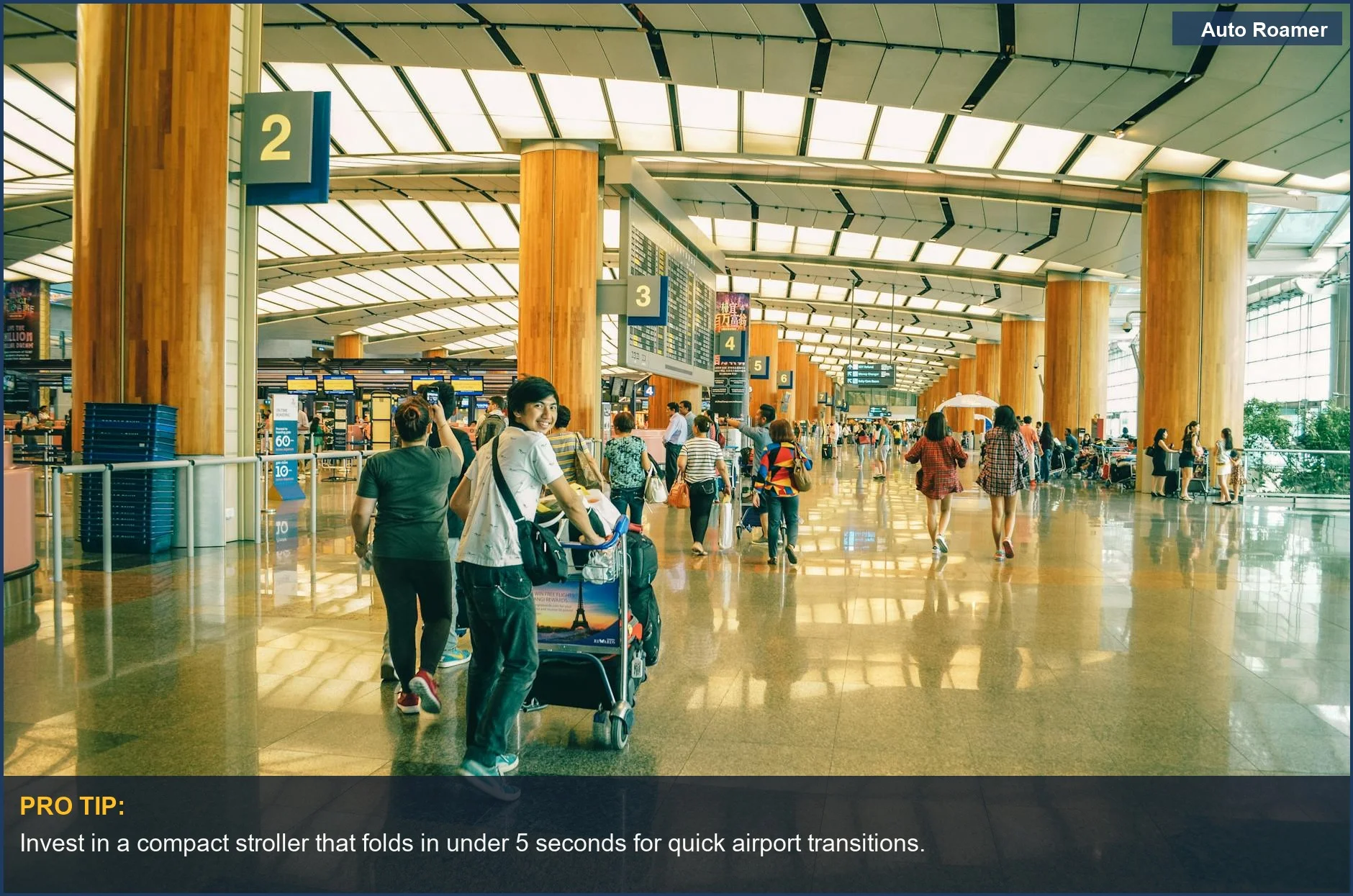 Travelers navigating a busy Singapore airport, showcasing essential baby travel gear for smooth journeys.