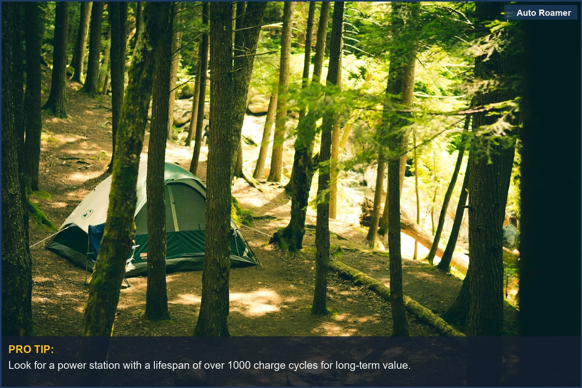 Serene forest camping scene with a tent nestled among tall trees, perfect for evaluating portable power options.