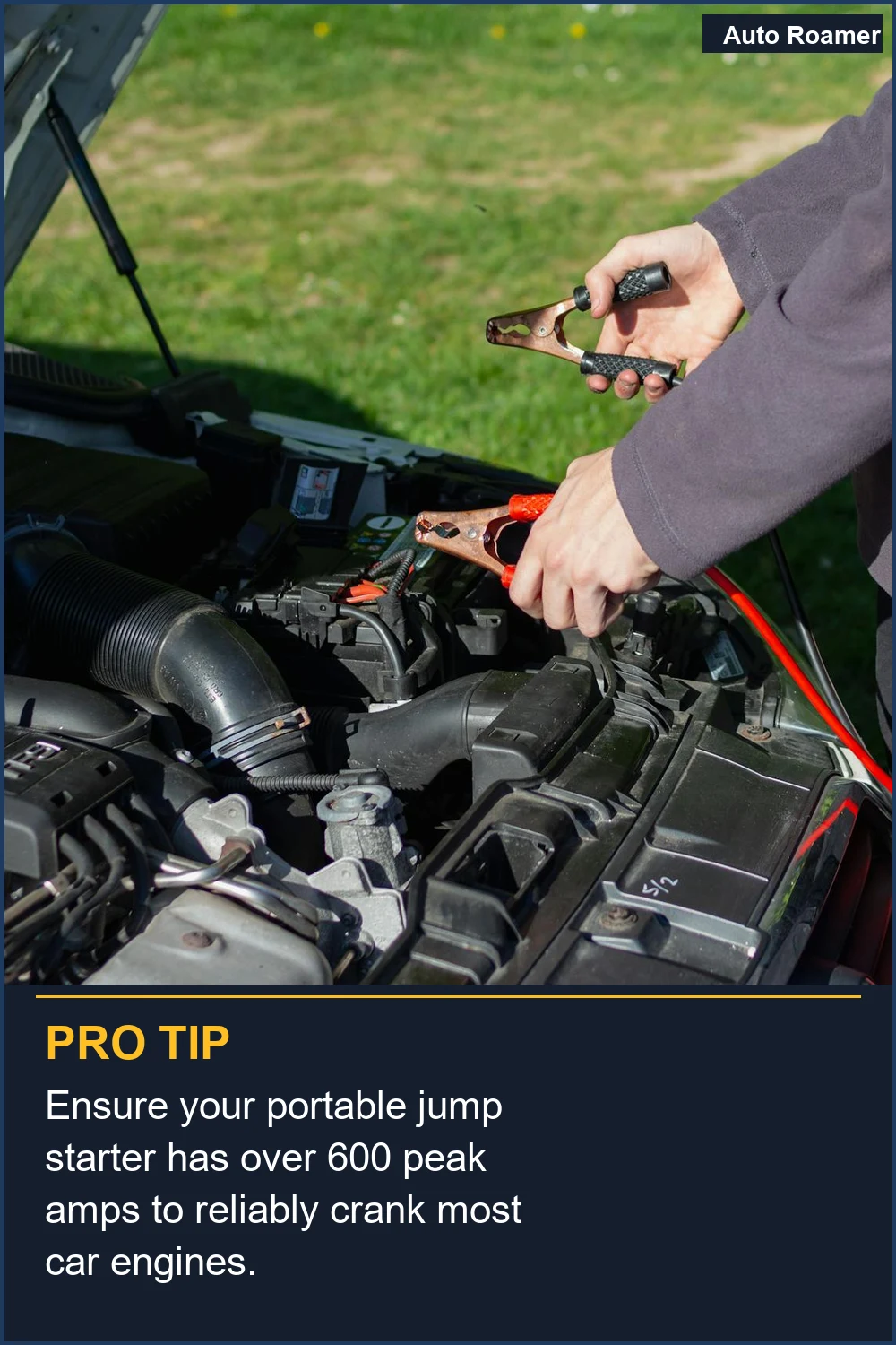 Asegúrate de que tu arrancador portátil tenga más de 600 amperios pico para arrancar de manera confiable la mayoría de los motores de coche.