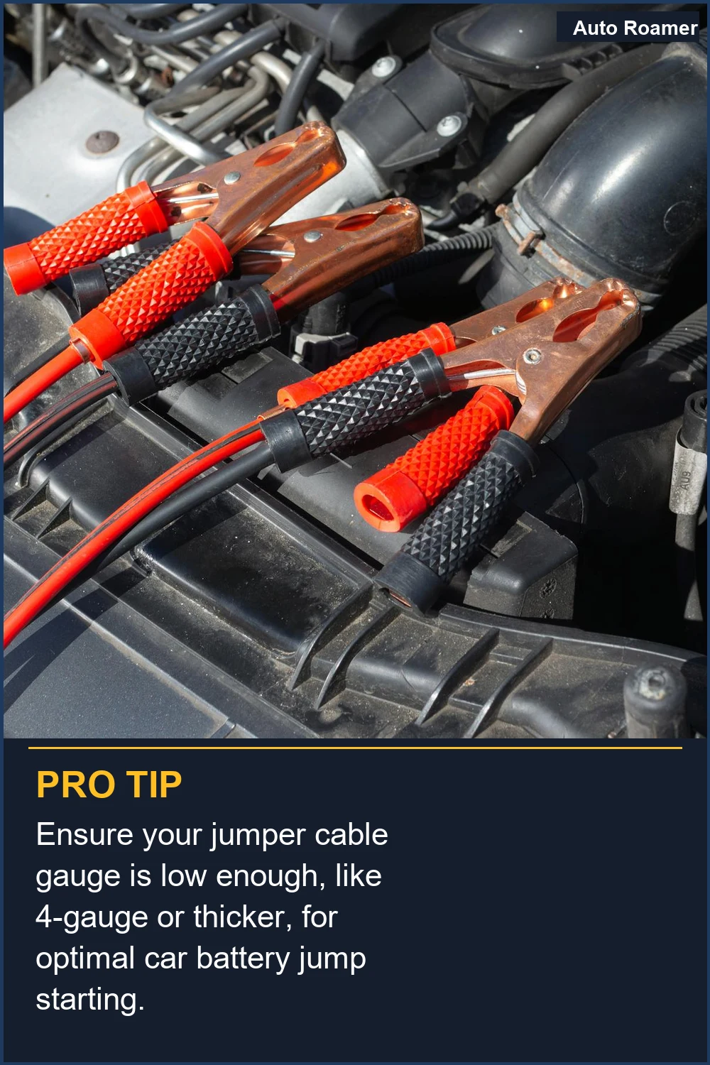 Asegúrate de que el calibre de tus cables pinza arranque sea bajo, como calibre 4 o más grueso, para un arranque óptimo de la batería del coche.