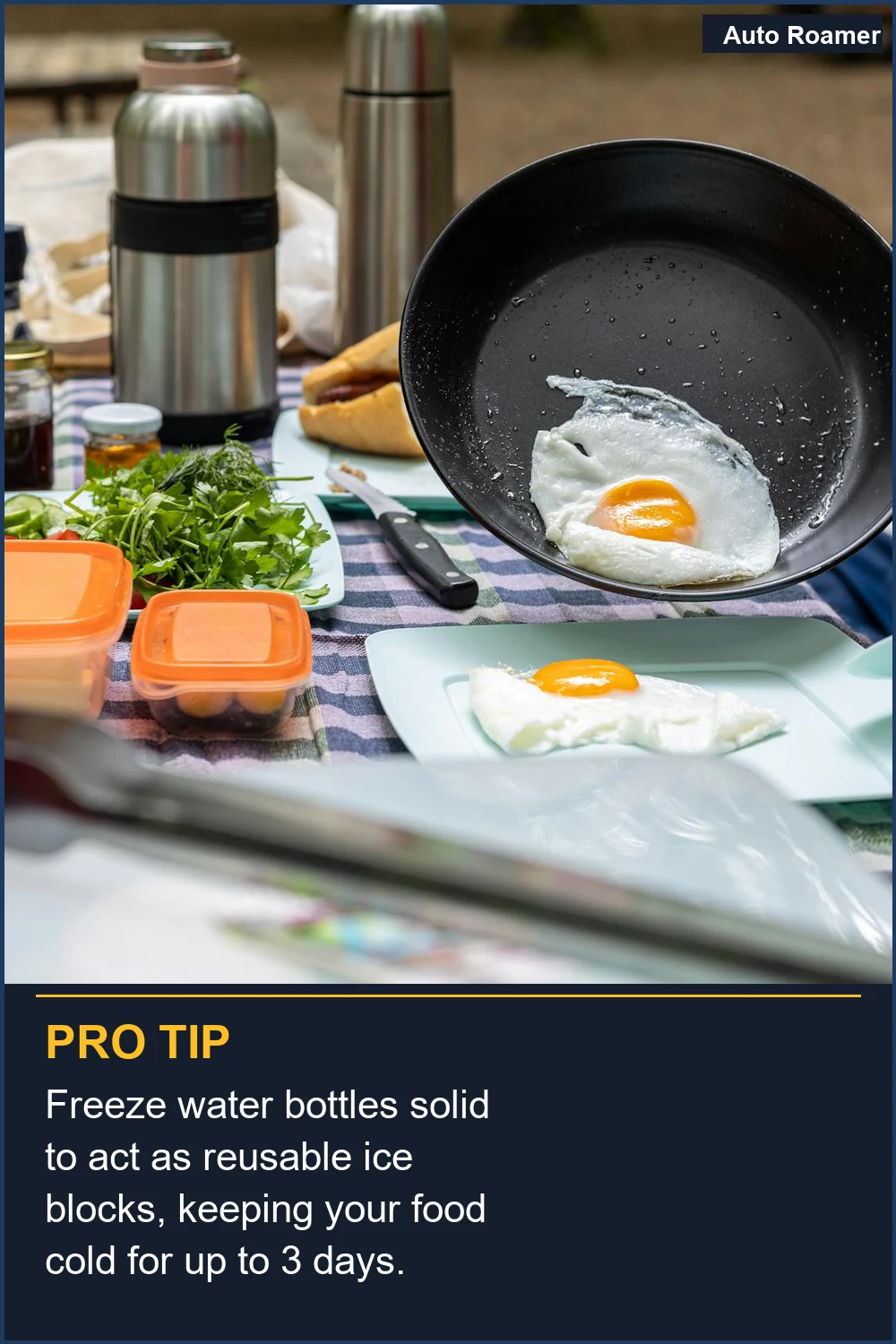 Freeze water bottles solid to act as reusable ice blocks, keeping your food cold for up to 3 days.