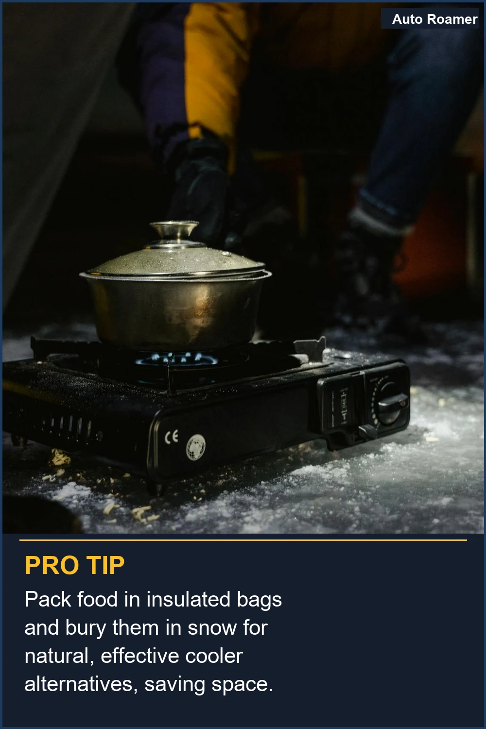 Pack food in insulated bags and bury them in snow for natural, effective cooler alternatives, saving space.