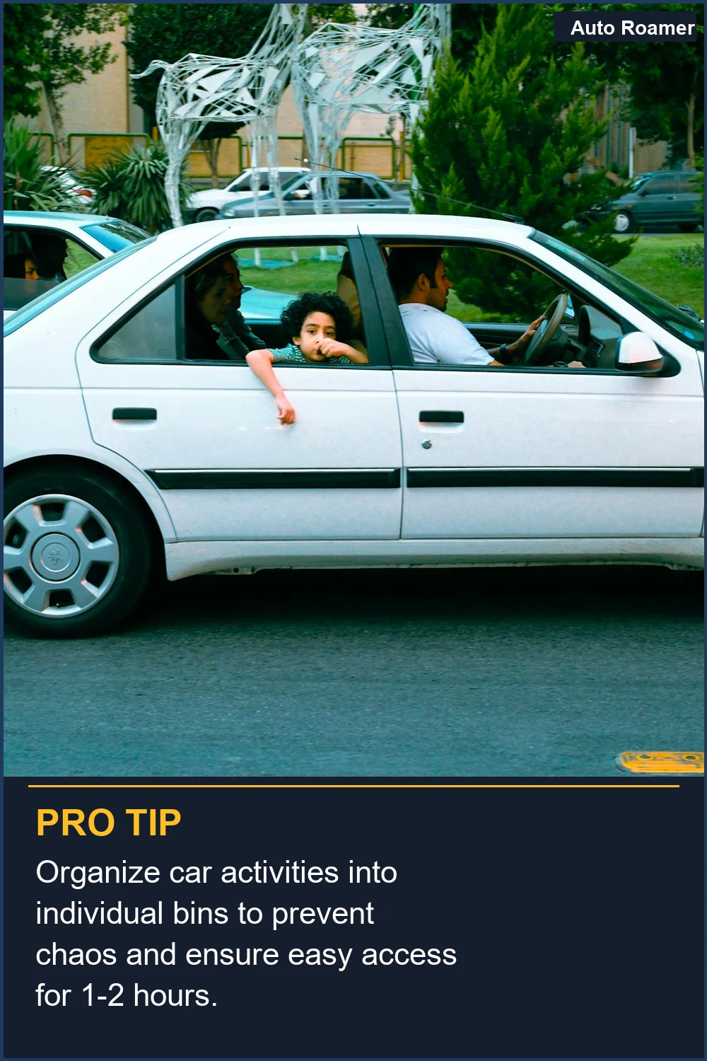 Organize car activities into individual bins to prevent chaos and ensure easy access for 1-2 hours.