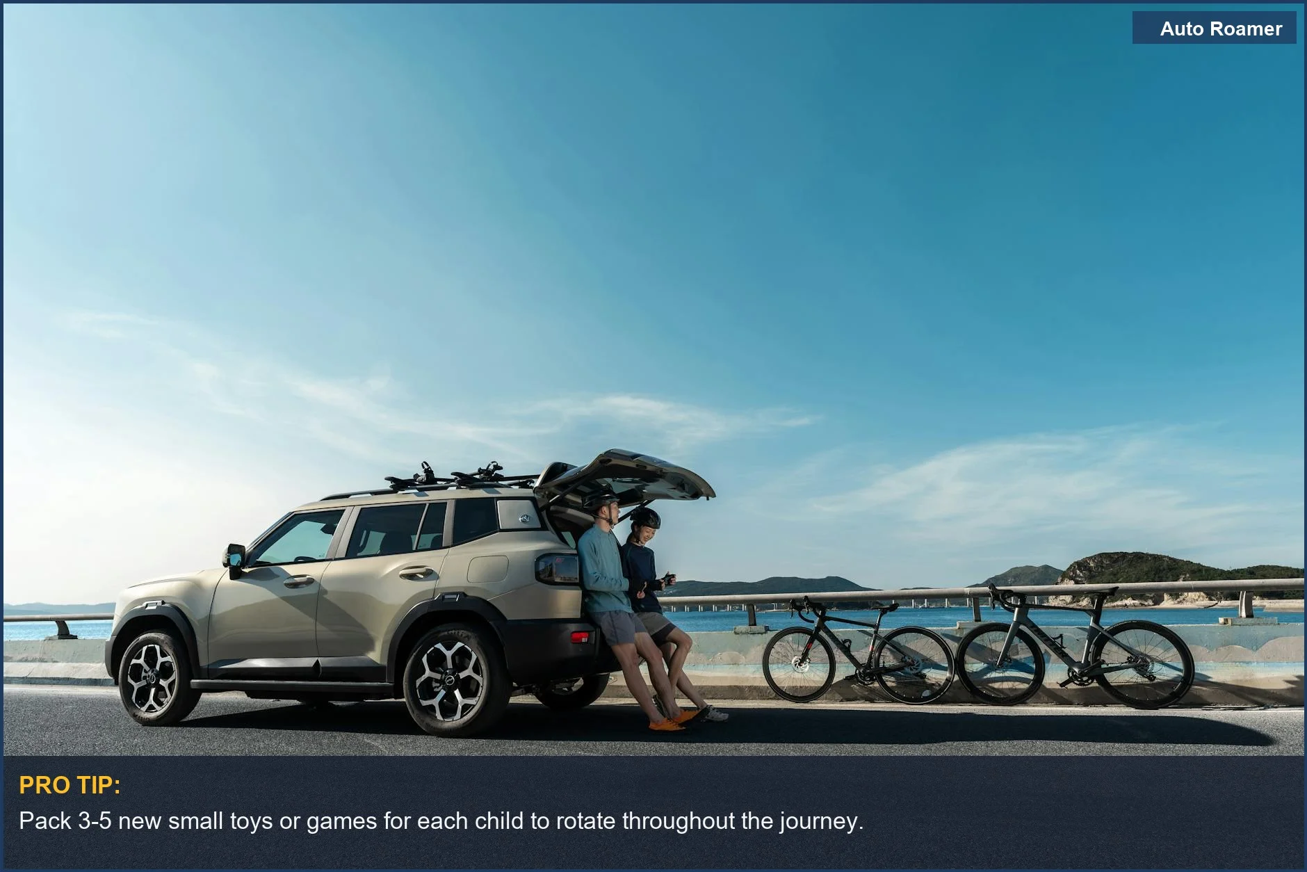 Family enjoying screen-free car activities on a scenic coastal road trip with bicycles.