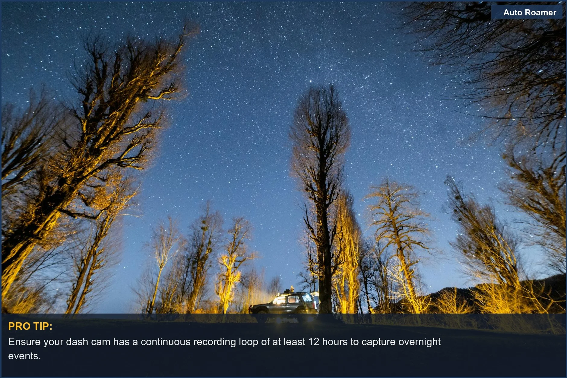 Forest campsite under starry sky, showcasing the need for parking mode dashcam features for car camping safety.