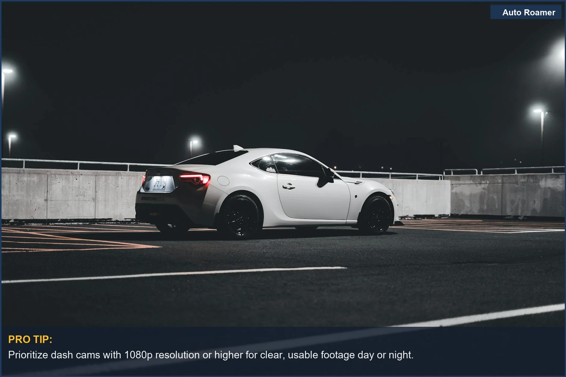 Modern car on rooftop at night, emphasizing dashcam video quality for security and evidence.
