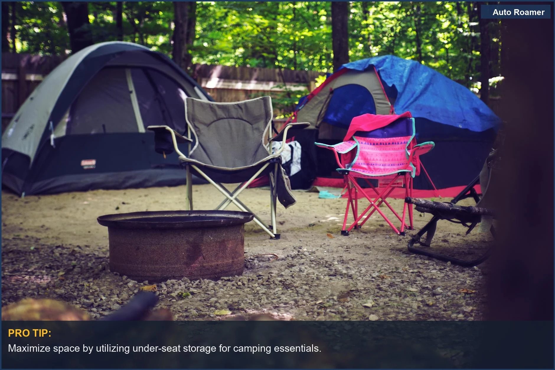 Colorful tents and camping chairs in a serene campsite surrounded by trees.