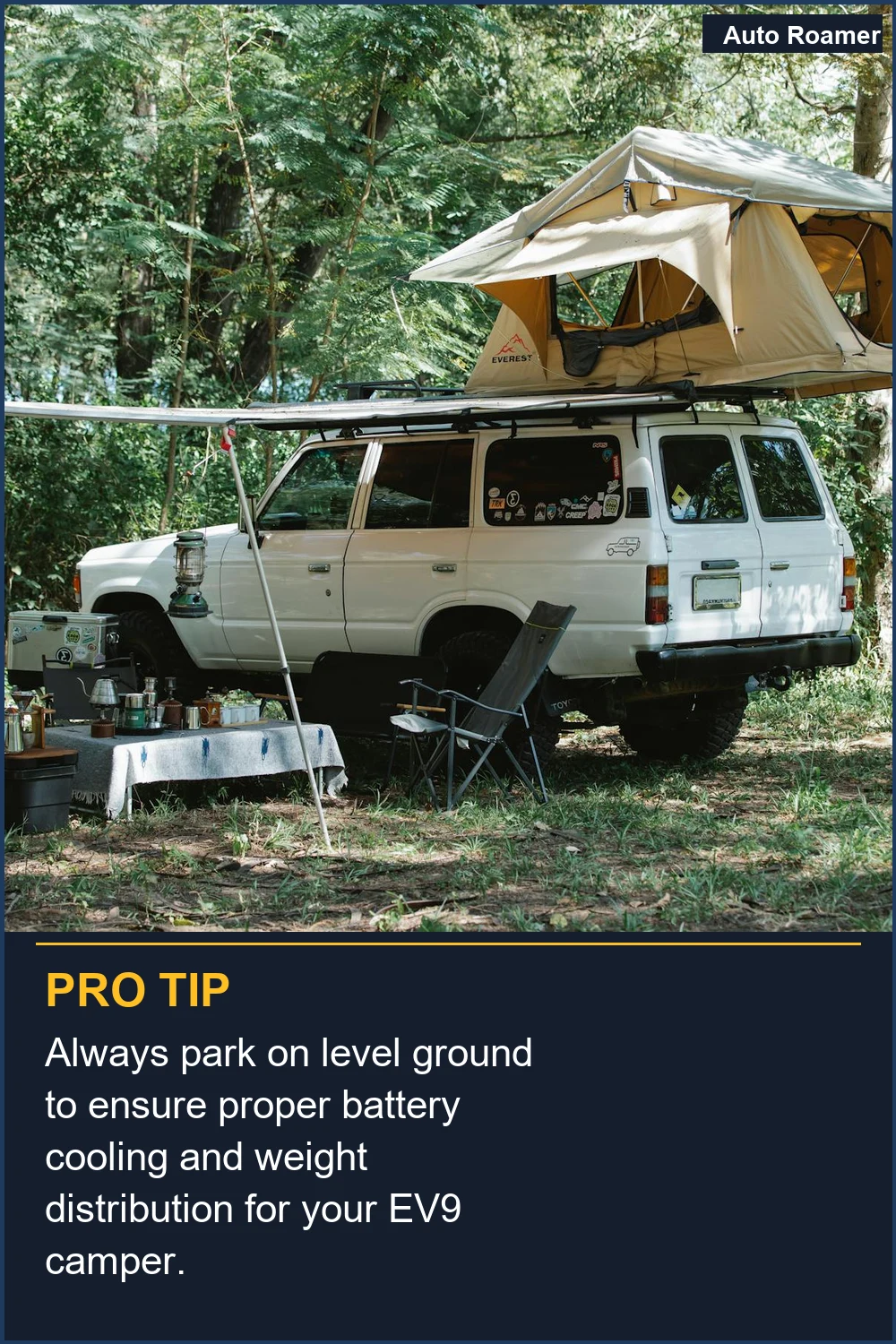 Always park on level ground to ensure proper battery cooling and weight distribution for your EV9 camper.