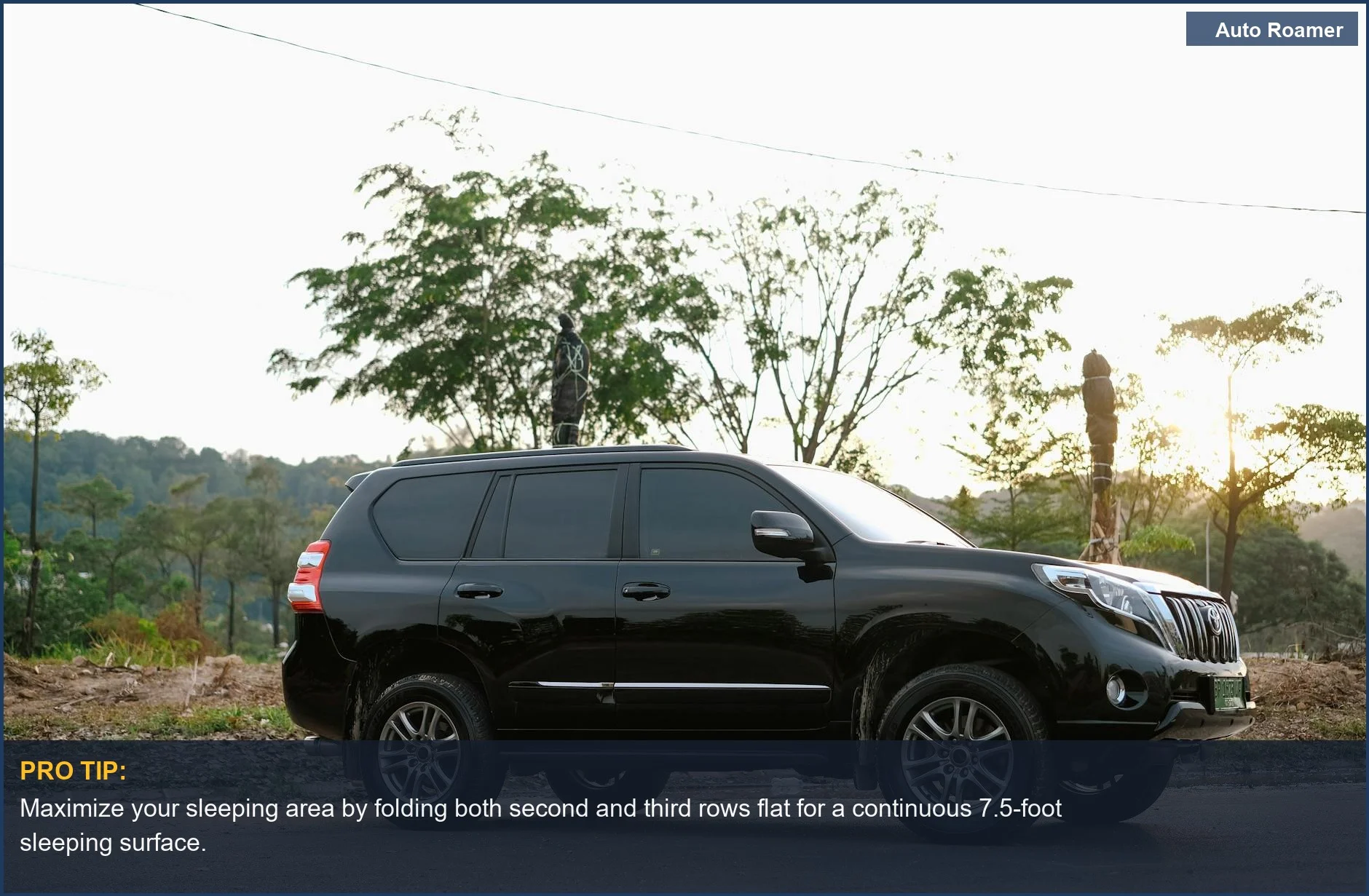 Kia EV9 camper setup with ample interior space for sleeping and gear, showcasing its SUV dimensions.