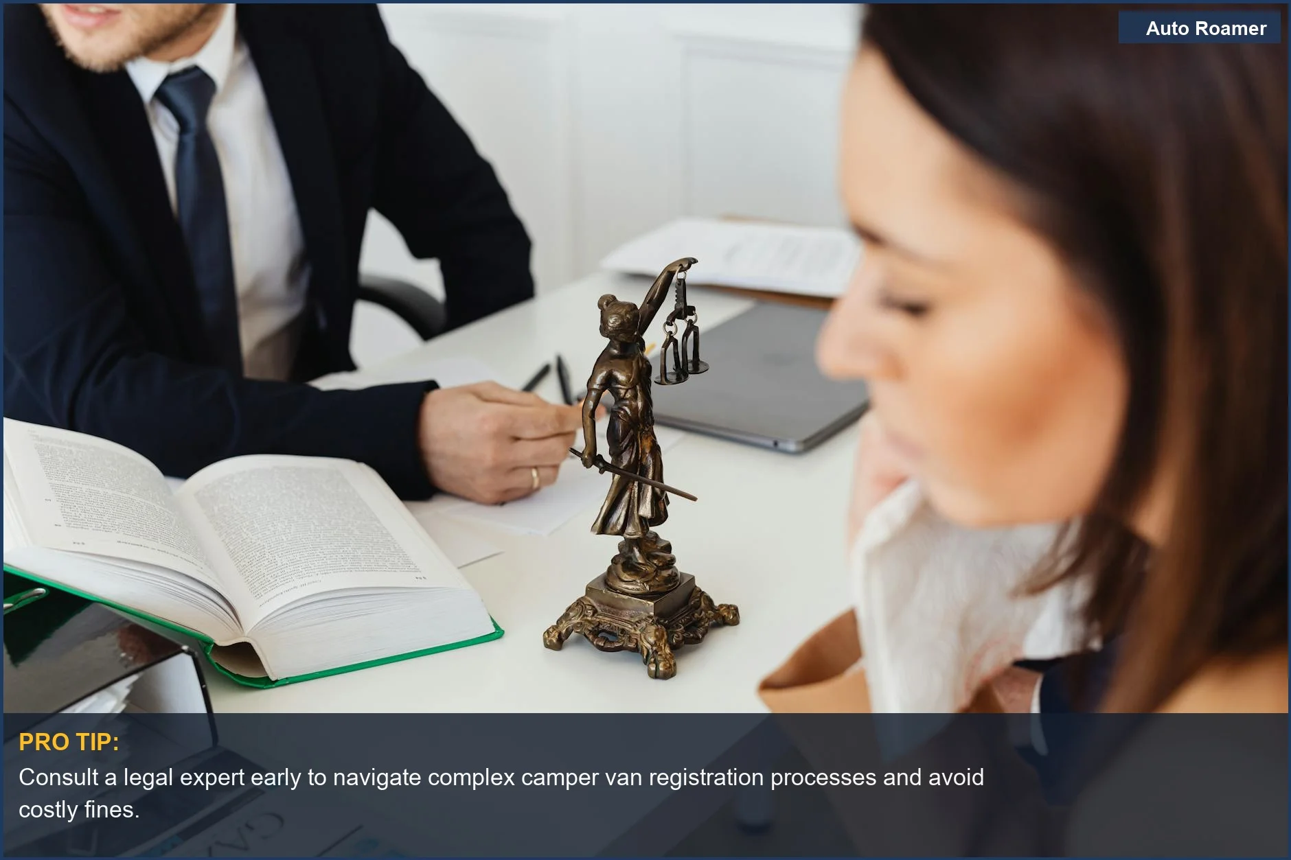 Lawyers discussing justice, emphasizing the importance of camper van registration for legal road travel.