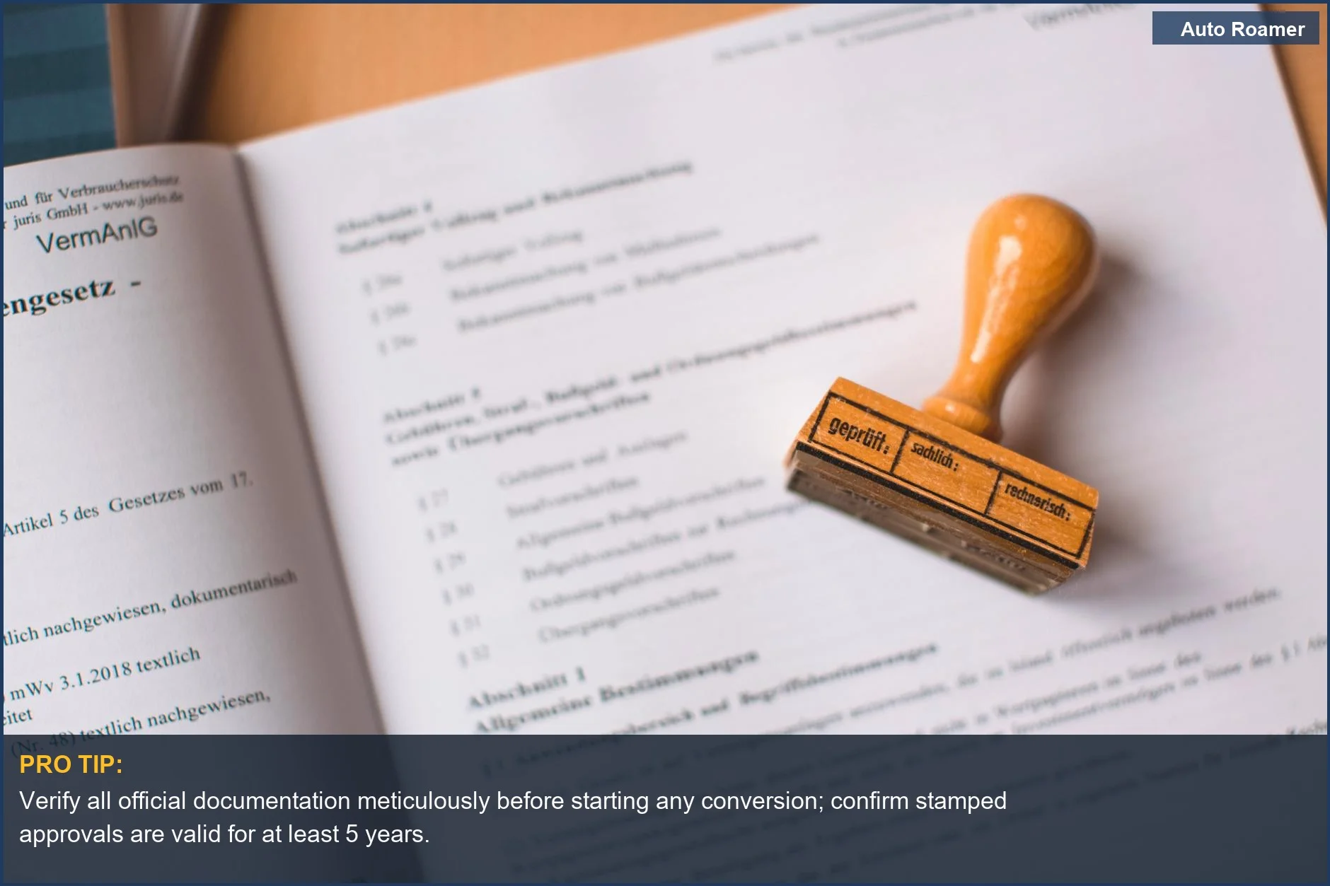 Legal document stamped for vehicle modification approval, crucial for your Kia PV5 camper conversion laws.