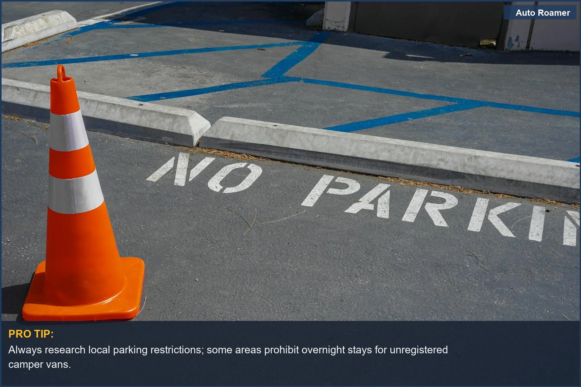 Orange traffic cone in a no parking zone, highlighting the need for proper vehicle conversion regulations.