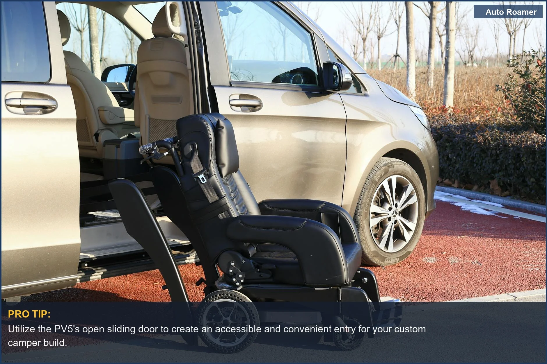 Kia PV5 van with open sliding door, highlighting its spacious interior and accessibility features for conversions.