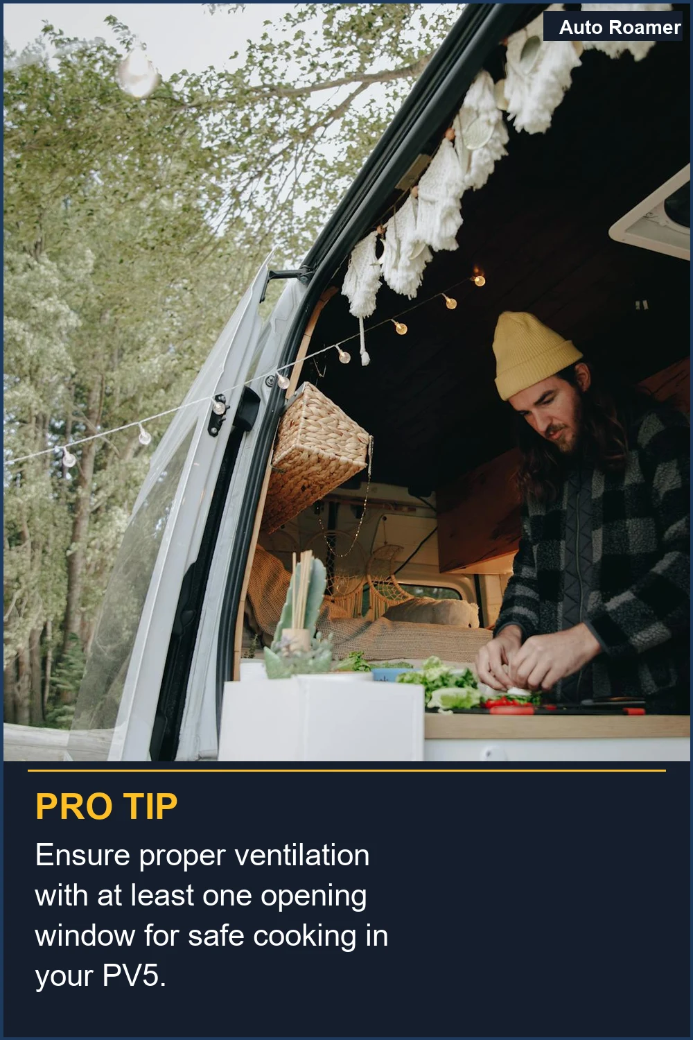 Ensure proper ventilation with at least one opening window for safe cooking in your PV5.