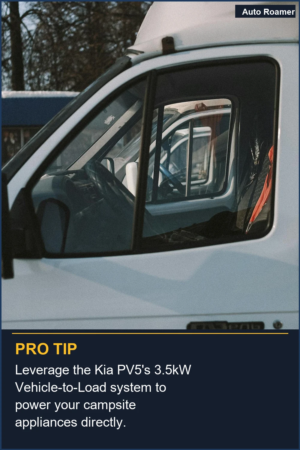 Leverage the Kia PV5's 3.5kW Vehicle-to-Load system to power your campsite appliances directly.