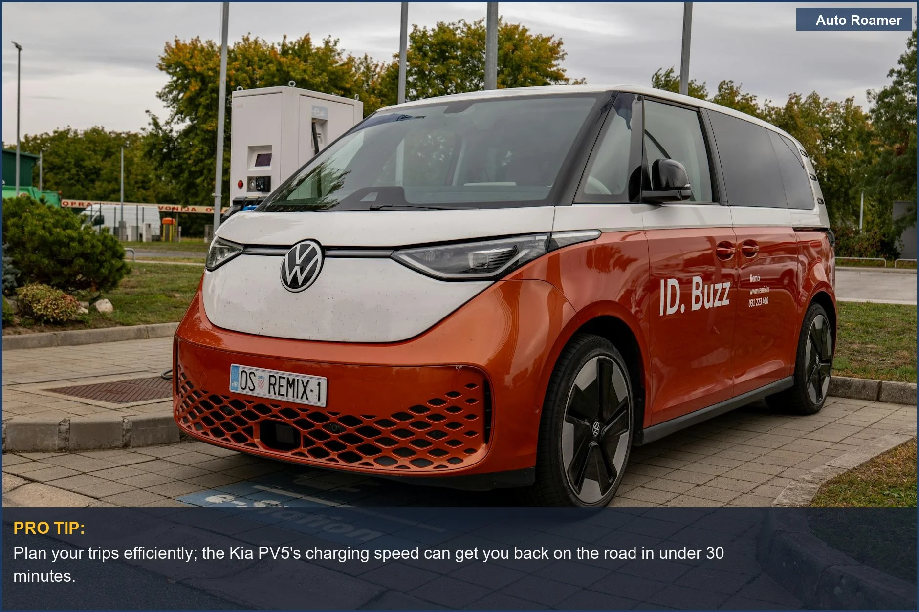 Volkswagen ID. Buzz electric van at a charging station, illustrating Kia PV5 charging capabilities for campers.
